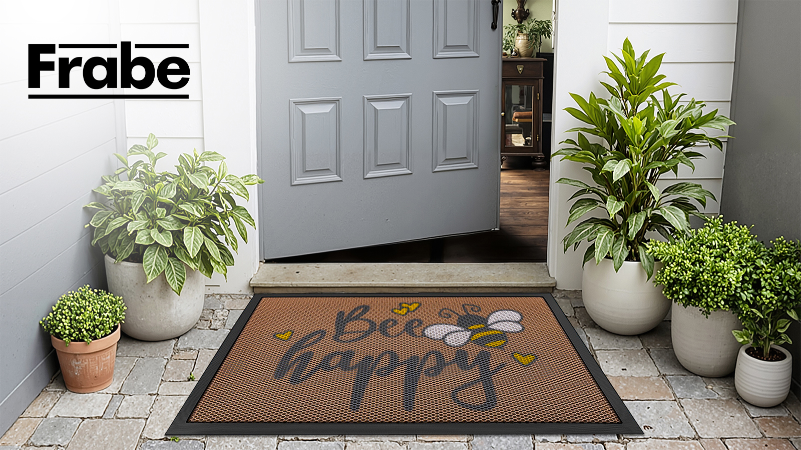 thumbnail video image 2 of FRABE Outside Welcome Door Mat 32x48, Non Slip Durable Rubber Entrance Doormat, Low Profile Easy Clean Mats for Front Back Door Entryway Porch Garage, Bee Happy, 2 of 10