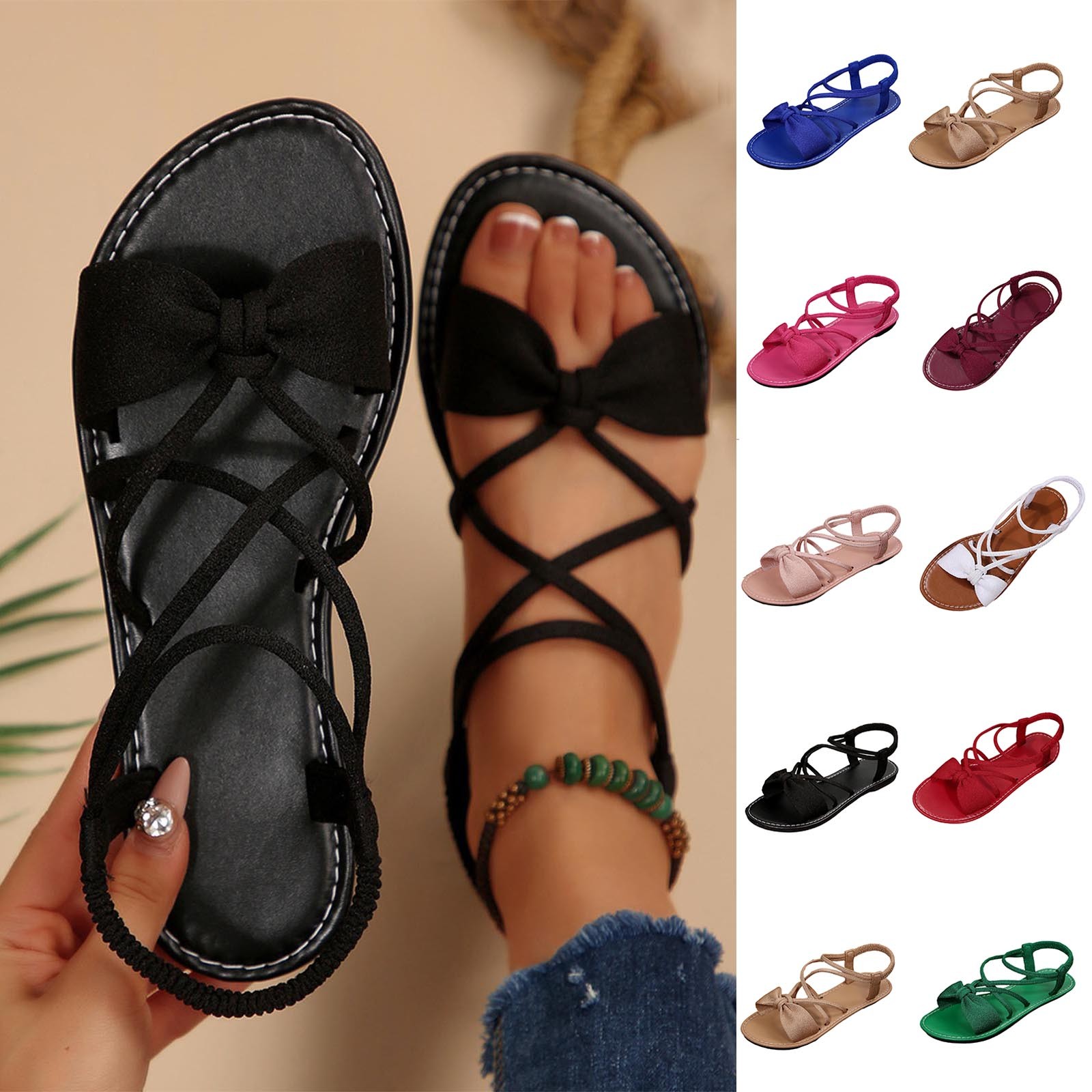 thumbnail video image 2 of Women's Dressy Bow Flat Sandals, Crisscross Elastic Strap Open Toe Sandals,Solid Colors Lightweight Casual Summer Sandals for Women Black 5.5, 2 of 10
