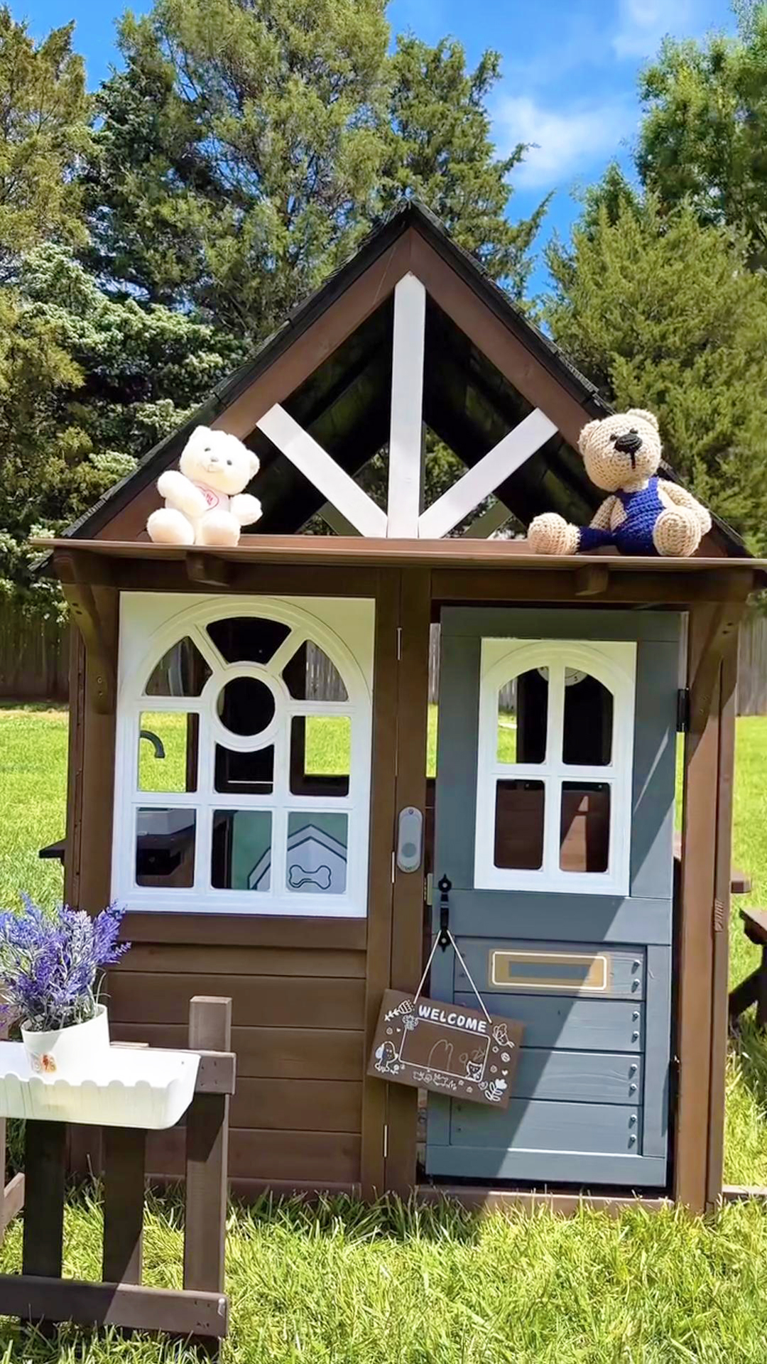 thumbnail video image 2 of COCLUB Outdoor Playhouse, Wooden Playhouse for Kids Toddlers, Large Kids Playhouse with Bench/Fence/Kitchen/Door Nameplate/Pretend Phone, Girls Boys Outdoor Toy Gift for Ages 3+, (62.99"W* 67.32"L), 2 of 9