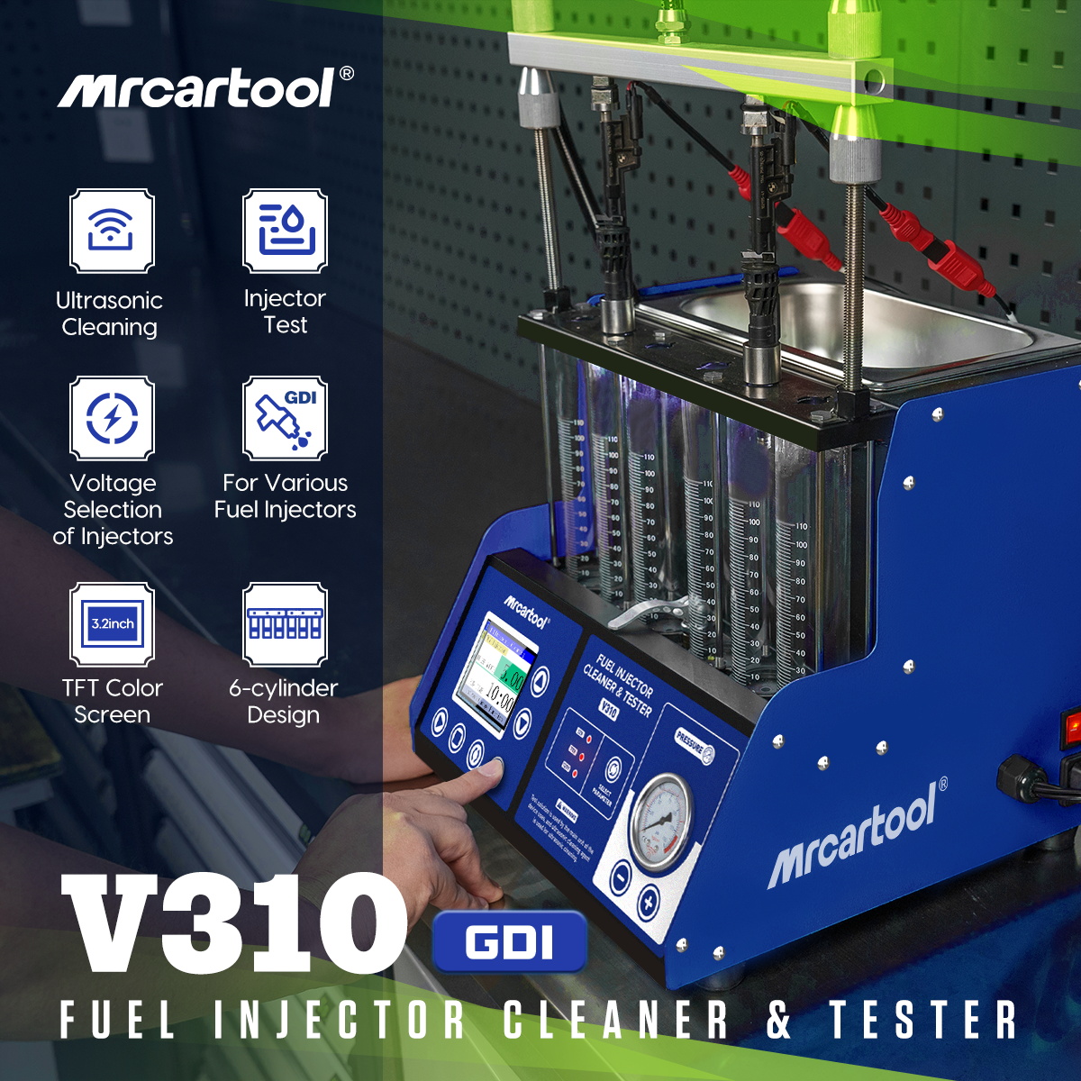thumbnail video image 2 of Mrcartool Car Ultrasonic GDI Fuel Injector Clean Test Machine 110V-220V 6 Cylinders Fuel System Cleaning Diagnostic Tool W/ Color Screen for Gasoline Diesel Car Motorcycle, V310, 2 of 14