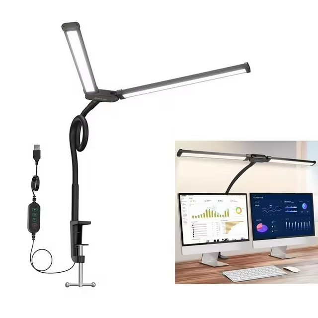 thumbnail video image 2 of Double Head LED Desk Lamp Flexible Gooseneck Tube with Clip Fill Light 10-level Adjustable Eye Protection Table Lamp Light, 2 of 13