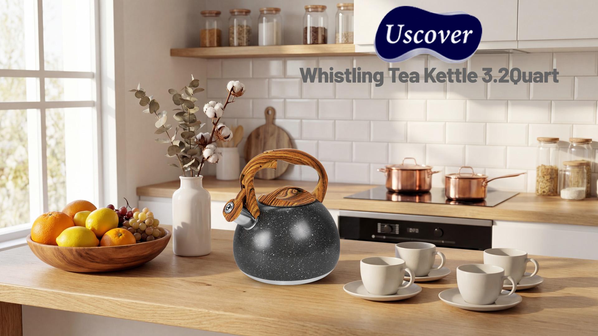 thumbnail video image 2 of Uscover 3.16Qt Stainless Steel Kitchen Kettle Large Capacity for Stove Top and Induction Stove with Cool Touch Ergonomic Handle，Black gold lines, 2 of 12