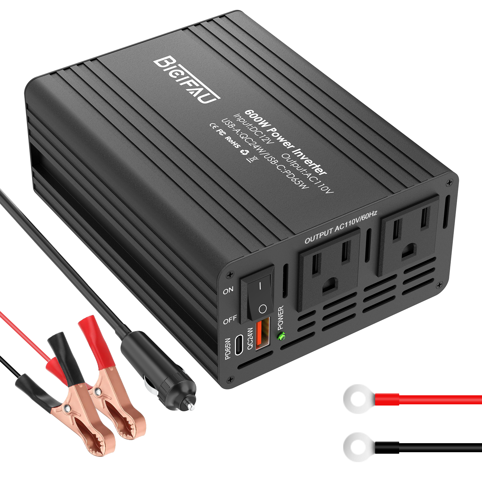 thumbnail video image 2 of 600W Power Inverter for Vehicles 12V to 110V, 12V to 110v Charger Adapter Outlets DC to AC Car Inverter with 65W USB-C, 2 of 9