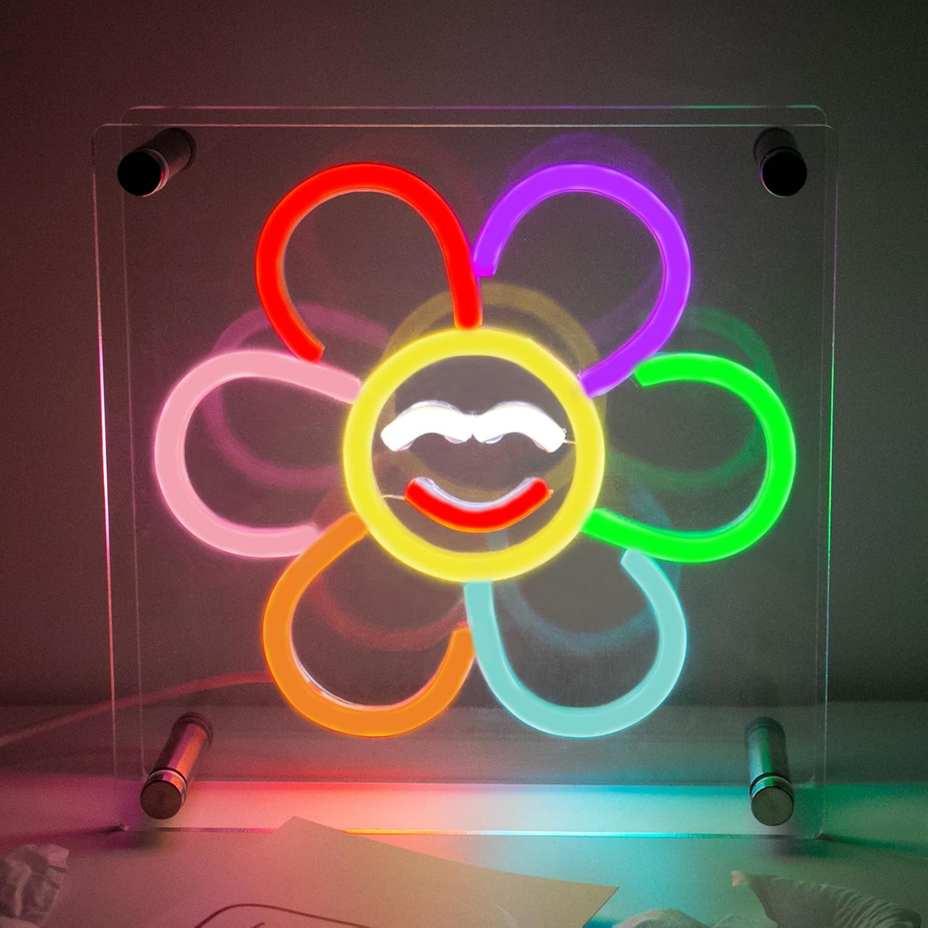 thumbnail video image 2 of UPONRAY Flower Desktop Neon Signs, 7.9"*7.9" Dimmable & USB-Powered LED Neon Light, Stylish Desktop decoration for Bed Room, Living Room, Baby's Room, Bar, Party, 2 of 9