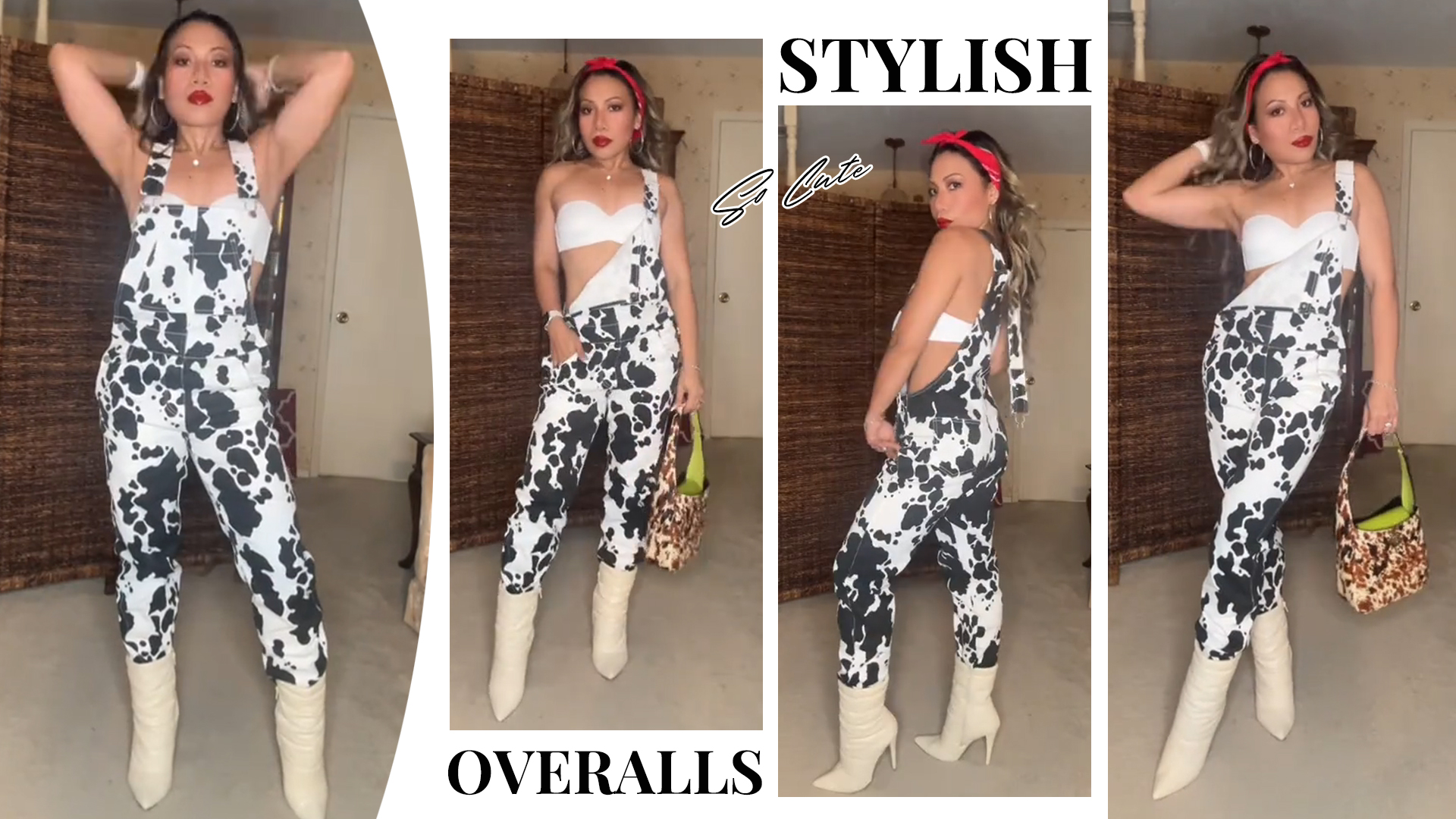 thumbnail video image 2 of Cow Print Overalls for Women Animal Pants Fall Jumpsuits Bibs Coveralls(Black and White Cow,2XL), 2 of 9