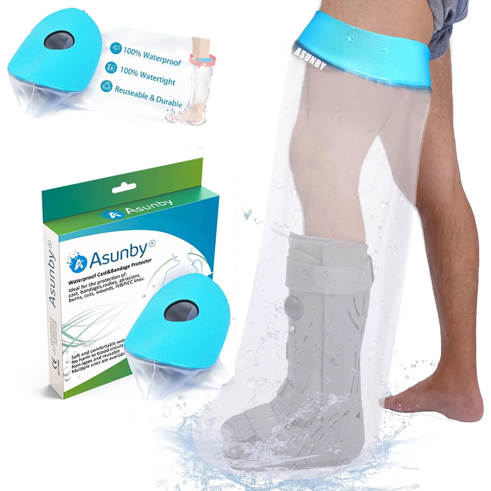 thumbnail video image 2 of Asunby Cast Covers for Shower Leg Adult Waterproof full Leg Protector Shower Bandage Wound Showering for Broken Leg Knee Foot Ankle Wound Burns Care Supplies, After Surgery Gifts,Reusable, 2 of 9