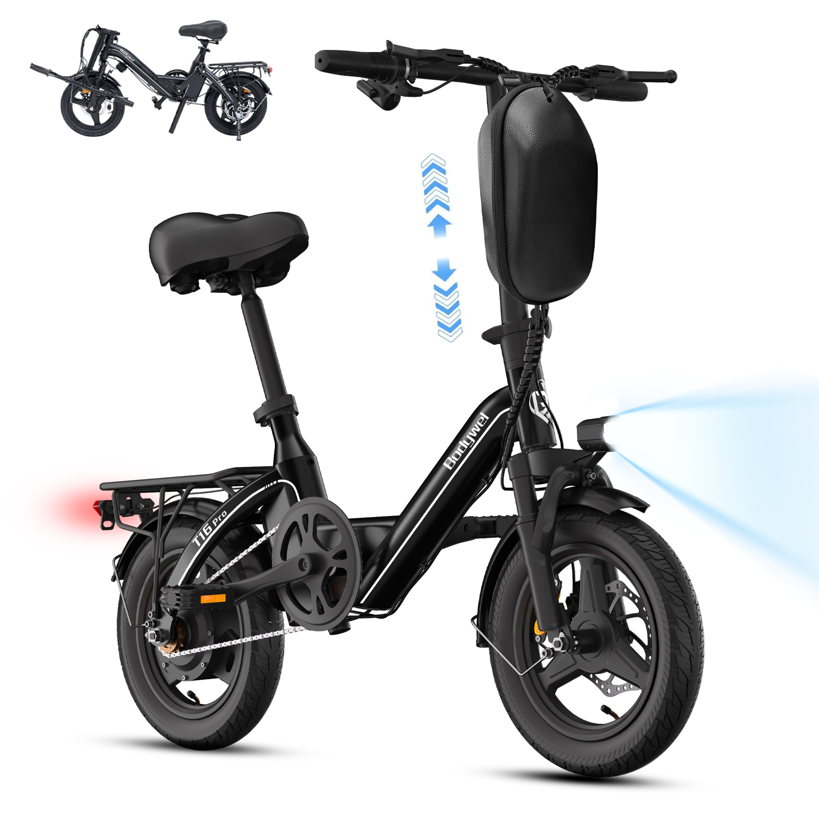 thumbnail video image 2 of Bodywel Electric Bike for Adults, 500W Peak Motor, Electric Bicycle with 36V 10Ah Battery, 14" Folding Ebike, 20MPH, Commuting Mini E Bikes, UL2849, 2 of 10