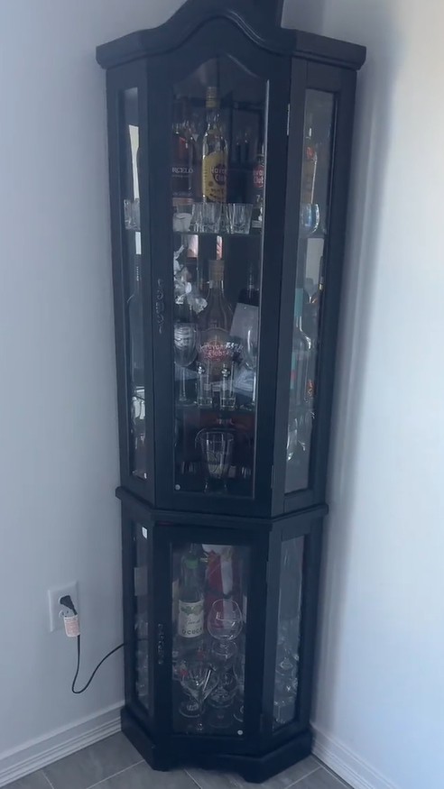 thumbnail video image 2 of Eyisean 70.5" Curved Top Corner Curio Cabinet, Display Lighted Storage Cabinet with Tempered Glass Door, Bar & Liquor Storage Area with 4 Adjustable Shelves, Wooden China Wine Cage for Living Room, 2 of 10