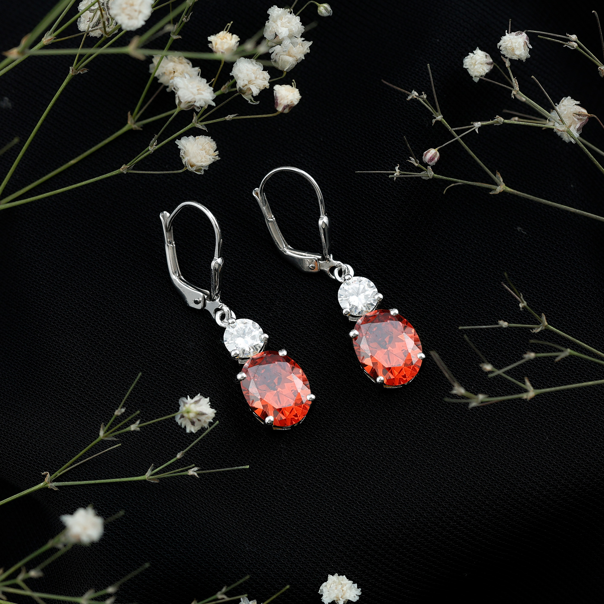 thumbnail video image 2 of Lab Grown Orange Sapphire Drop Earrings with Moissanite - 8X10 mm Sapphire, 18K White Gold, 2 of 7