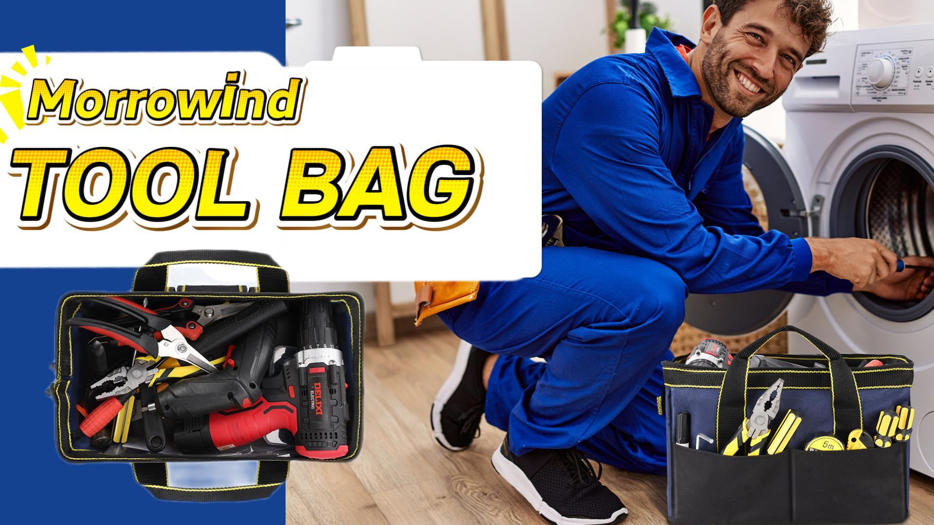 thumbnail video image 2 of Morrowind 12" Tool Bag, Waterproof Hard Bottom, Durable Wide Mouth Tote, Multiple Pockets, Blue, 2 of 9