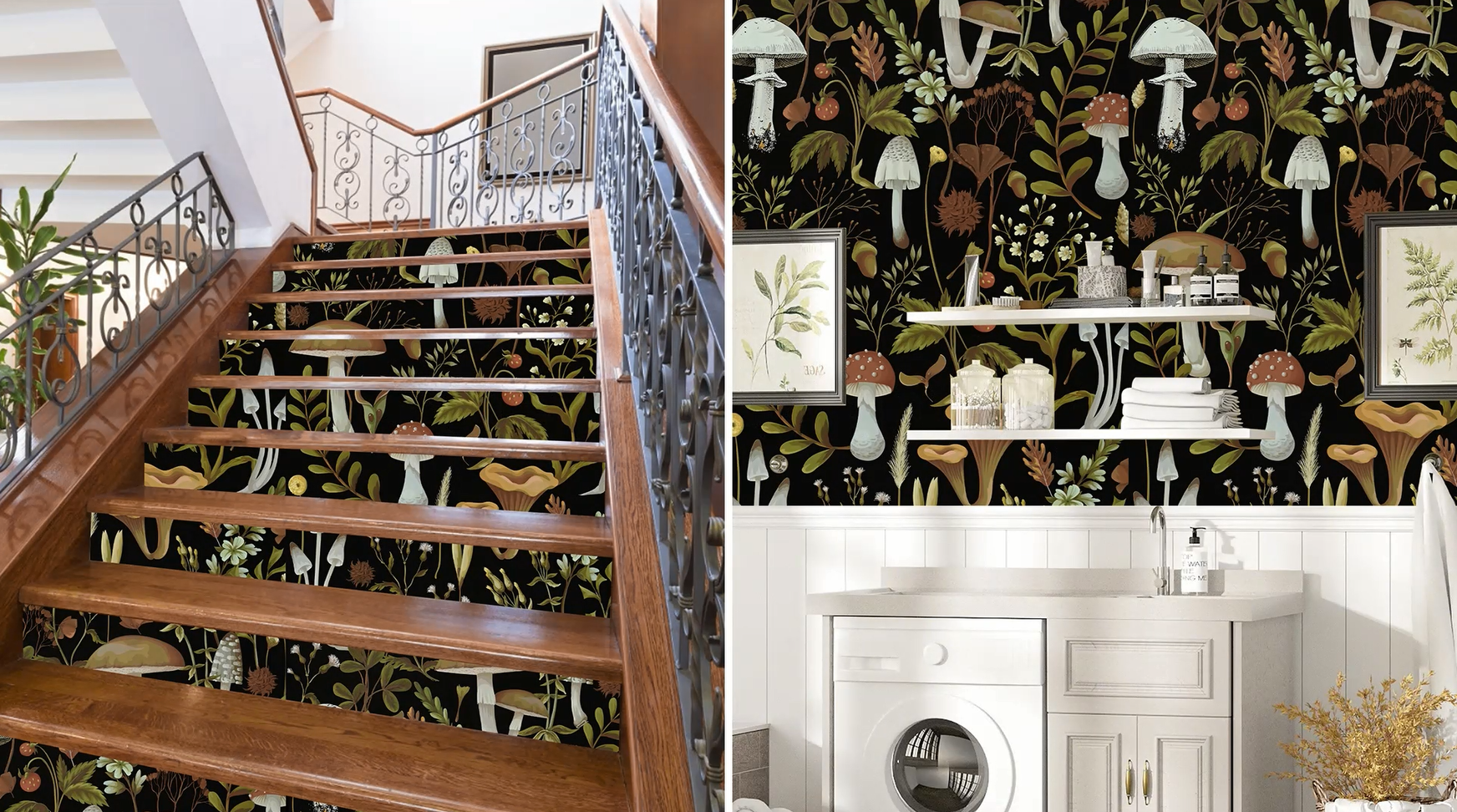 thumbnail video image 2 of Caltero Floral Wallpaper Peel and Stick Wallpaper Boho Mushroom Wallpaper Contact Paper Vinyl Removable Self-Adhesive Stick on Wallpaper for Bathroom Bedroom 17.3" x 590", 2 of 10