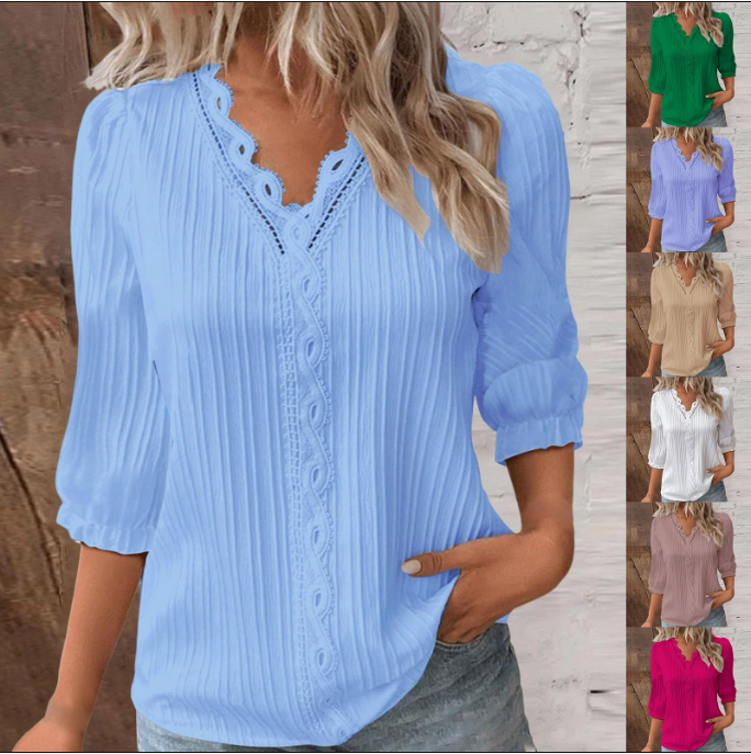 thumbnail video image 2 of Fanxing 3/4 Length Sleeve Shirts for Women Summer V Neck Beach Shirts Loose Fit Bohemian Casual Short Sleeve Tshirts for Ladies Green,XL, 2 of 6