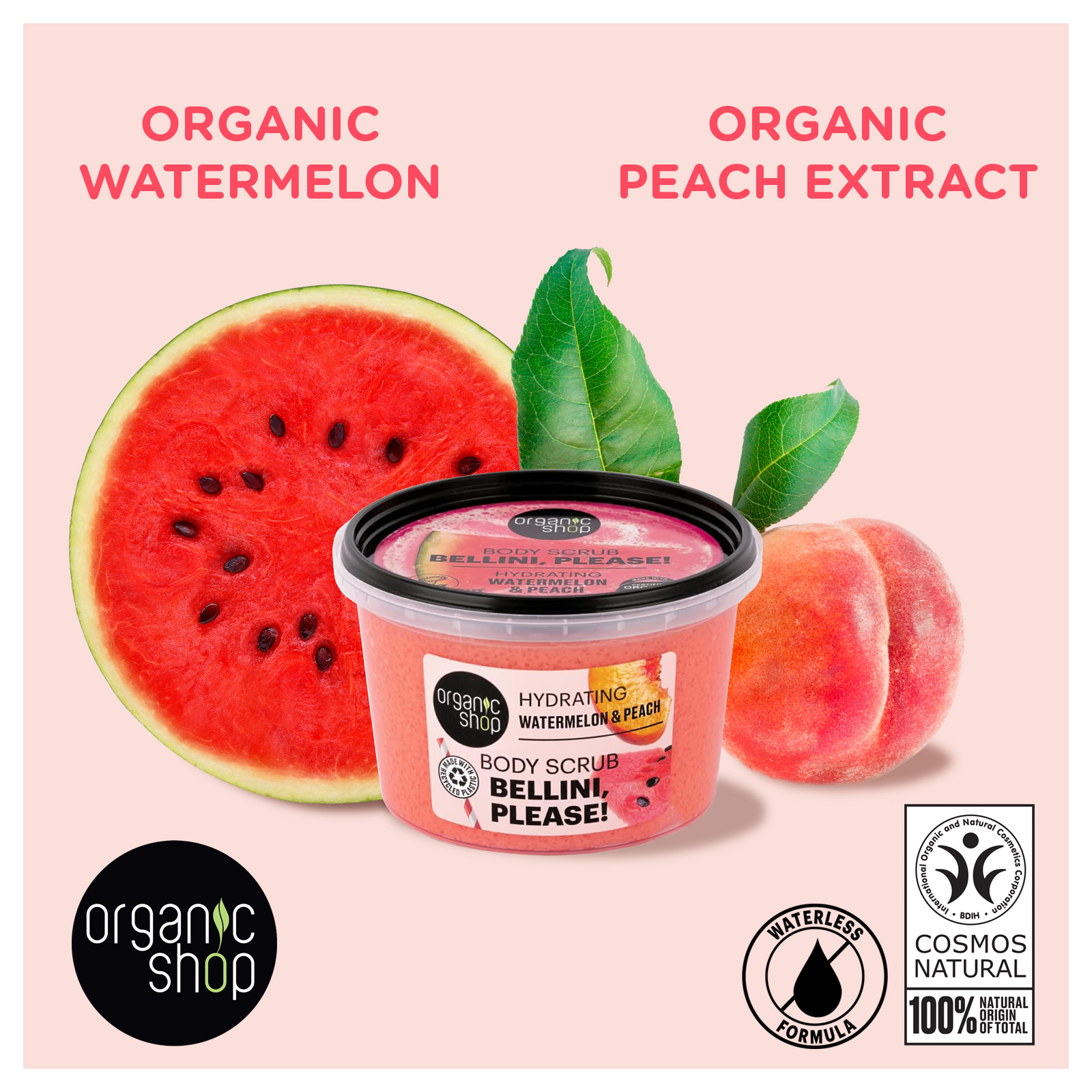 thumbnail video image 2 of Organic Shop Watermelon & Peach Exfoliating Sense Booster Body Set – 100% Vegan & Organic, Natural Daily Exfoliant, Detox & Moisturizer, Body, Face, Hand & Foot, Intensive Care & Skin Toning. Pack 3, 2 of 10