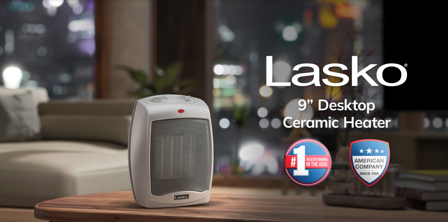thumbnail video image 2 of Lasko 9" 1500W Electric Ceramic Space Heater with Adjustable Thermostat, Silver, 754200, 2 of 13