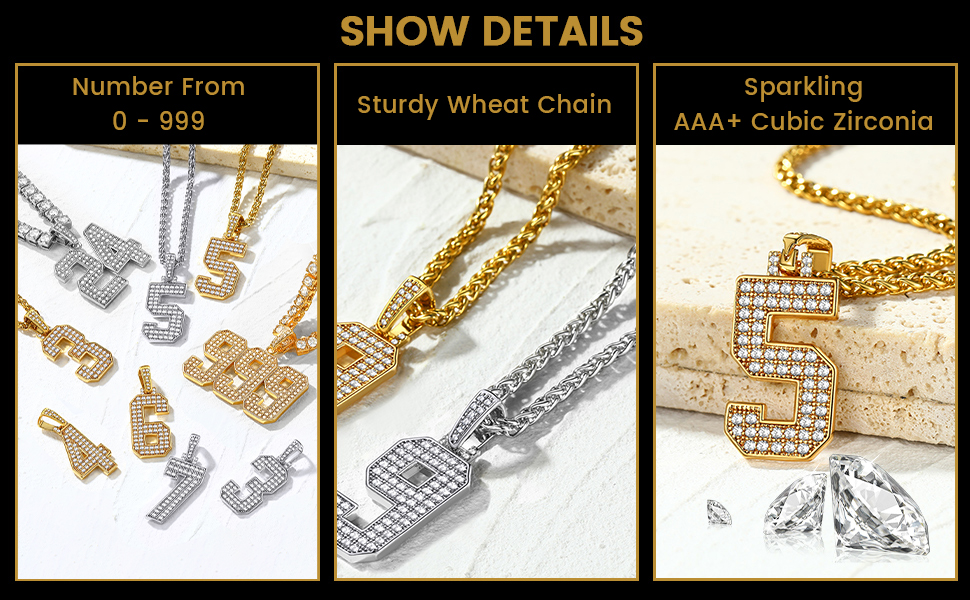 thumbnail video image 2 of KeyStyle Number Pendant Necklace Sport Athletes Number Necklace for Men with Cubic Zirconia Hip Hop Jewelry for Women & Men, Number 0-9 Chain Necklace, 2 of 11