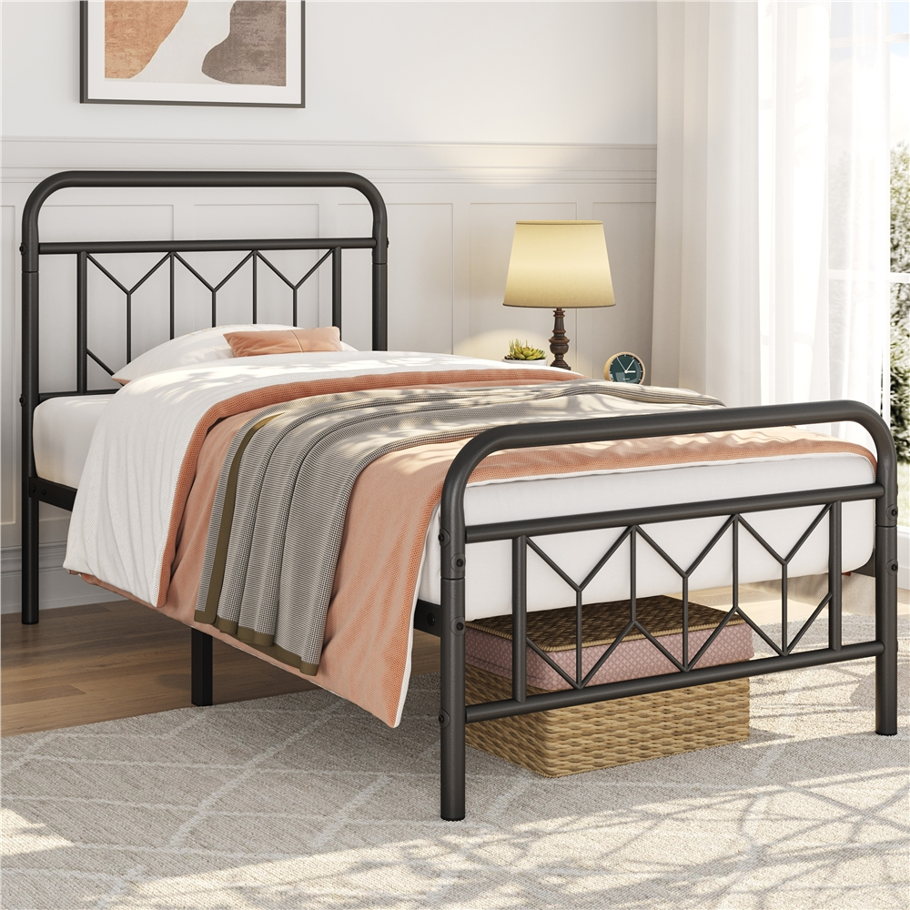 thumbnail video image 2 of Yaheetech Vintage Metal Bed Frame with Diamond Pattern, Twin,Black, 2 of 9