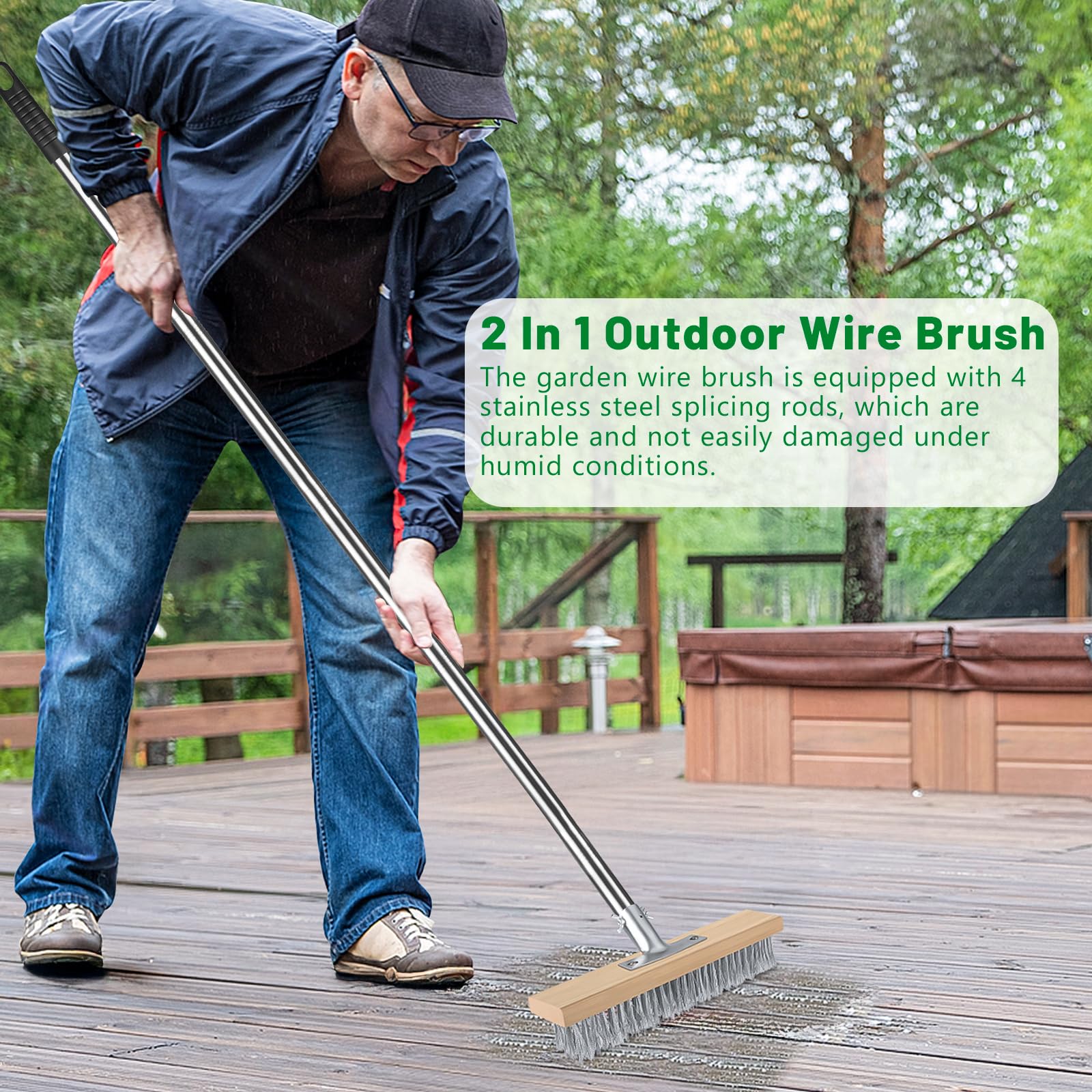 thumbnail video image 2 of Deck Brush Stainless Steel Floor Scrub Wire Broom Heavy Duty Multipurpose Cleaning Brushes with Stiff Bristle Long Handle(4 Section Detacble Pole) and 1pc Small Bristal(Relpace), 2 of 8