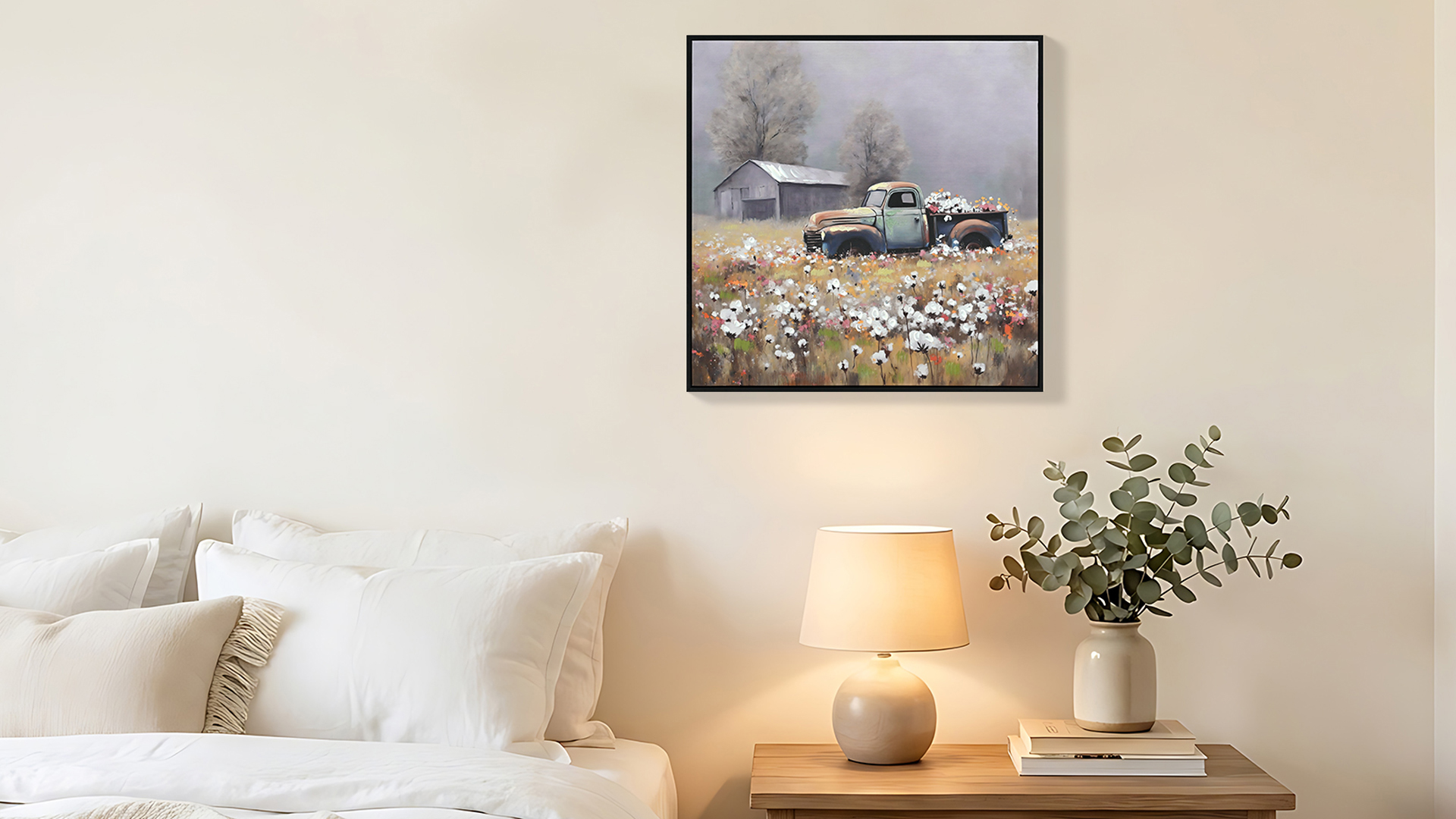 thumbnail video image 2 of YIQMI Vintage Truck Canvas Wall Art 24x24 Rustic Farmhouse Square Print with Cotton & Wildflowers for Living Room, Bedroom, 2 of 8