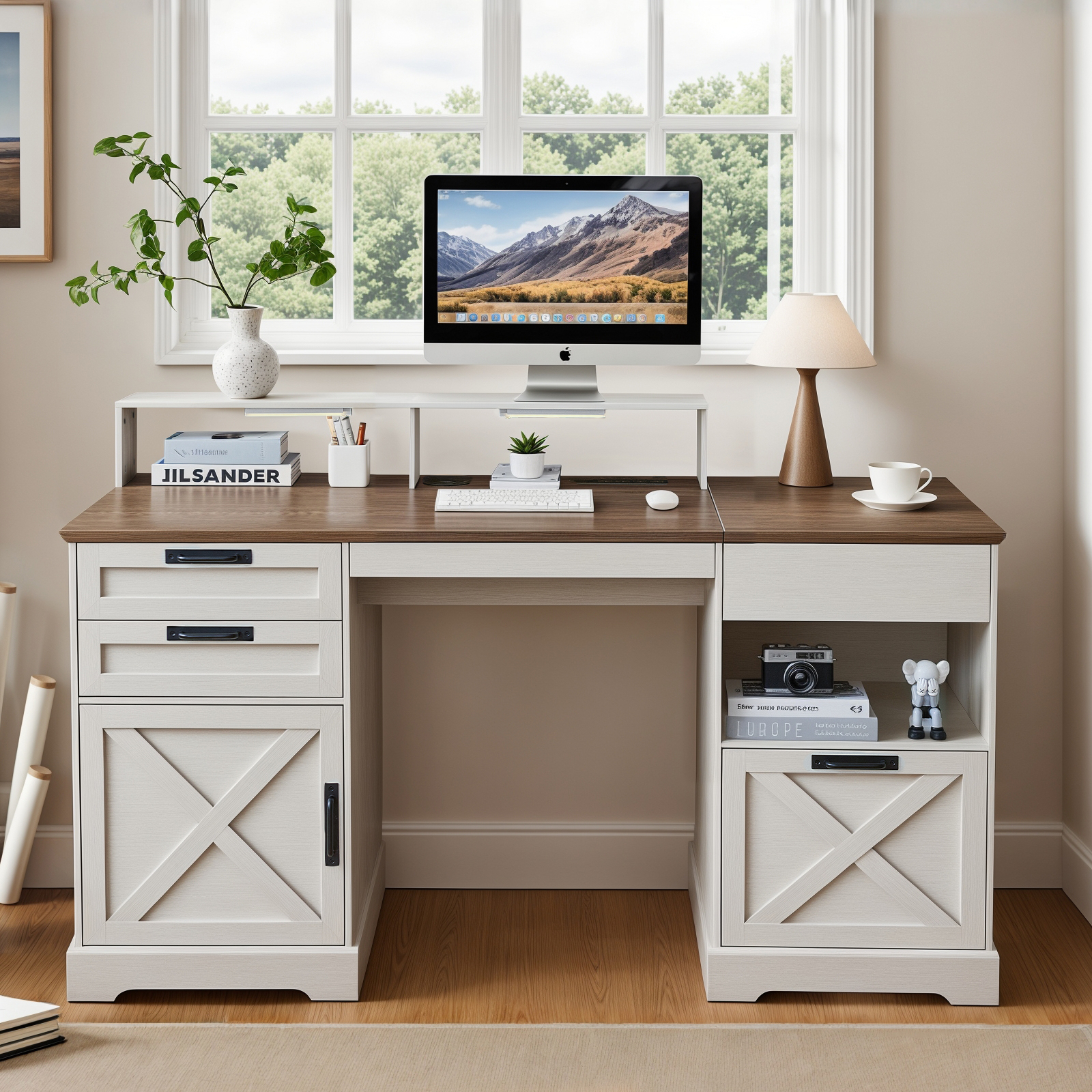 thumbnail video image 2 of 63" Executive Desk with File Drawers, Home Office Desk with Lift Table LED Light, Charger, Cable Management, Farmhouse Gaming Desk, Antique White, 2 of 10