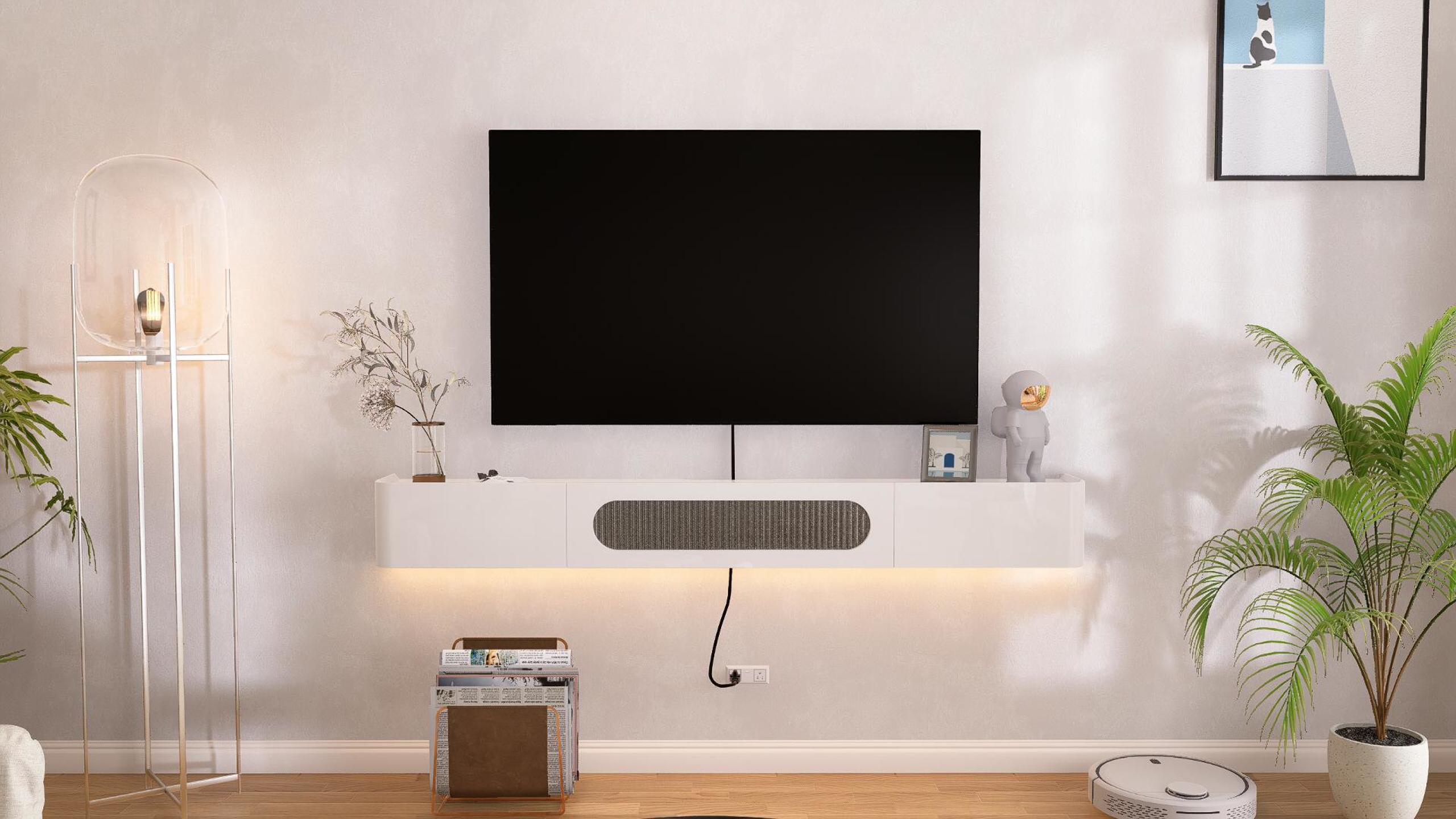 thumbnail video image 2 of FloatiCasa 47-Inch Fully Assembled High Gloss Floating TV Stand, Wall-Mounted Entertainment Center with 1 Door & 2 Drawers, for TVs up to 50", White, 2 of 12