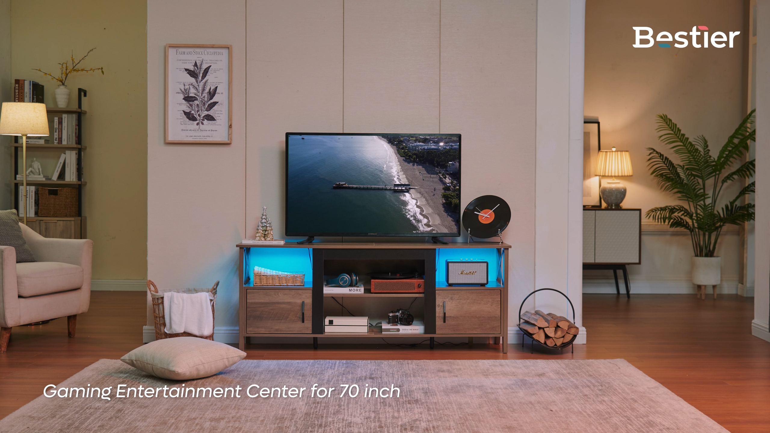 thumbnail video image 2 of Bestier Fireplace TV Stand, LED Media Console with Storage, with Electric Fireplace Included , Gray, 2 of 10