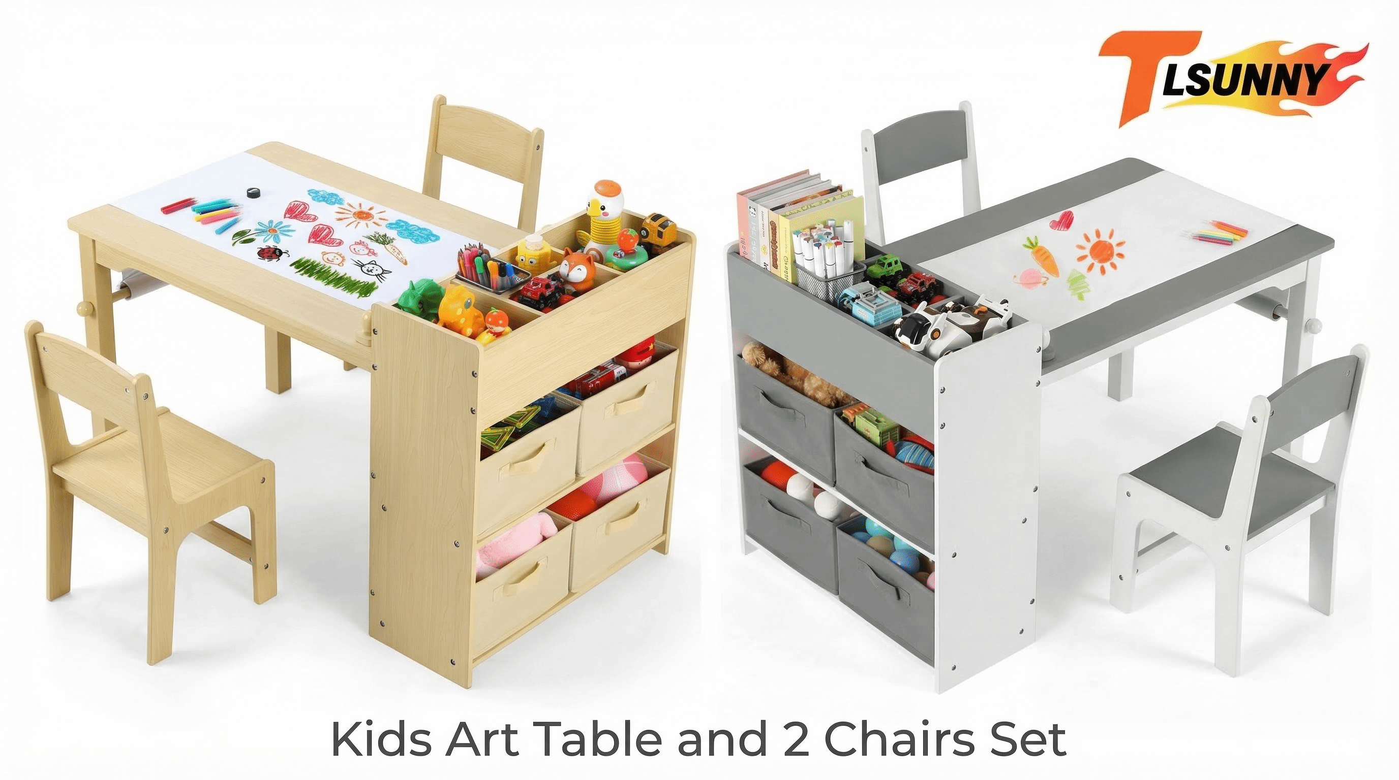 thumbnail video image 2 of TLSUNNY Kids  Art Table and 2 Chairs, Massive Storage, Toddler Craft Desk Set, w/ Paper Roll & 4 Storage Bins, Age 3+, 2 of 9