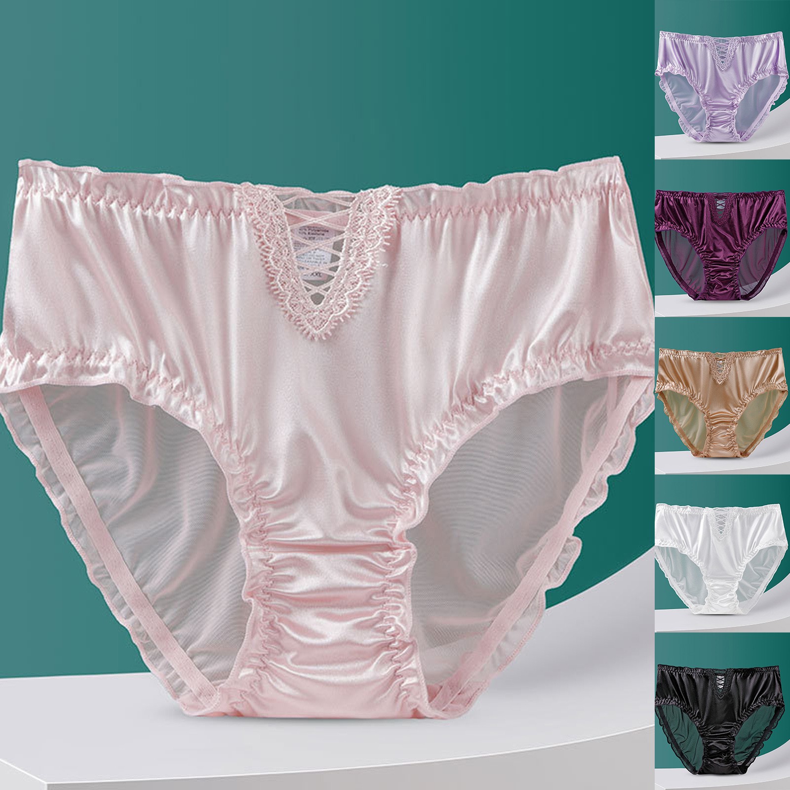 thumbnail video image 2 of LUOGENLI Women's Plus‑Size Mid‑High Waist Satin Lace Panties, Ruffled Edge Breathable Soft Stretchy Seamless‑Style Underwear White XXL, 2 of 4