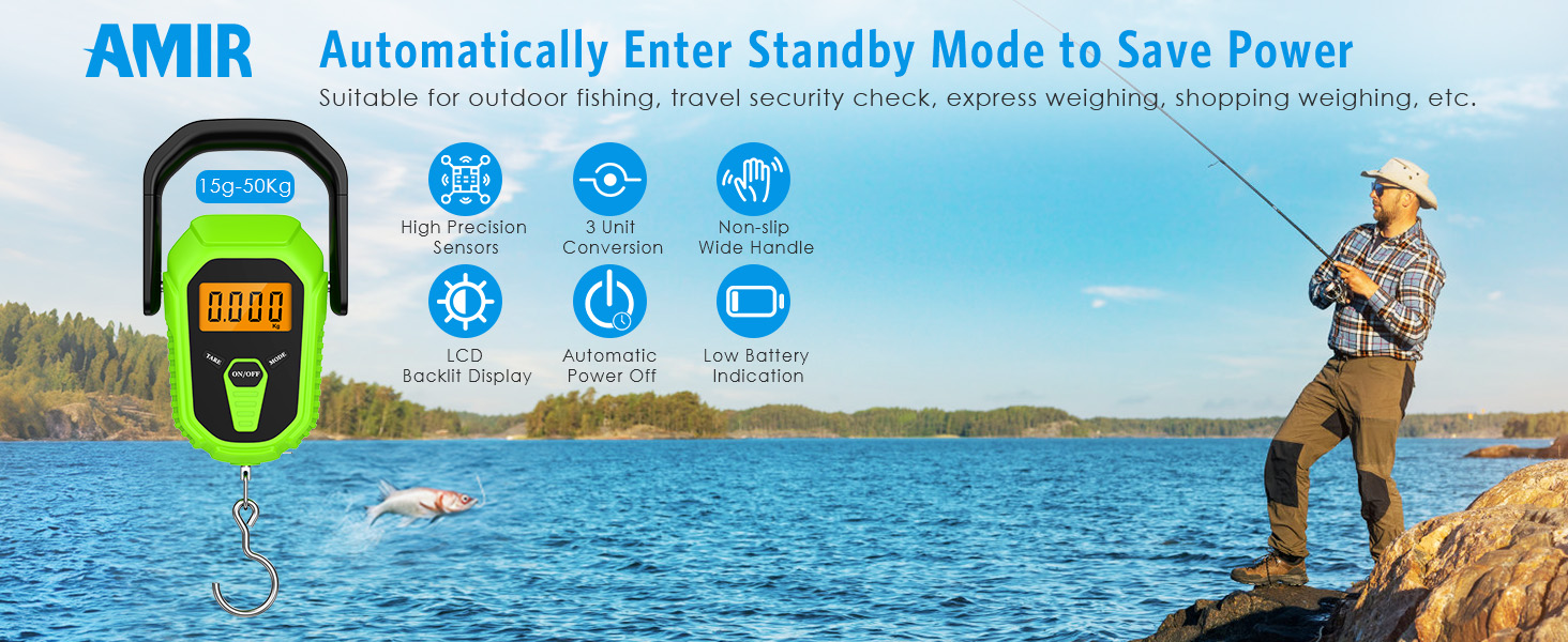 thumbnail video image 2 of Fish Scale, AMIR 110lb/50kg Digital Fish Scale with Fish Gripper 38'' Tape Measure LCD Screen Display Portable Digital Scale for Fishing Luggage Gift for Him Green, 2 of 11