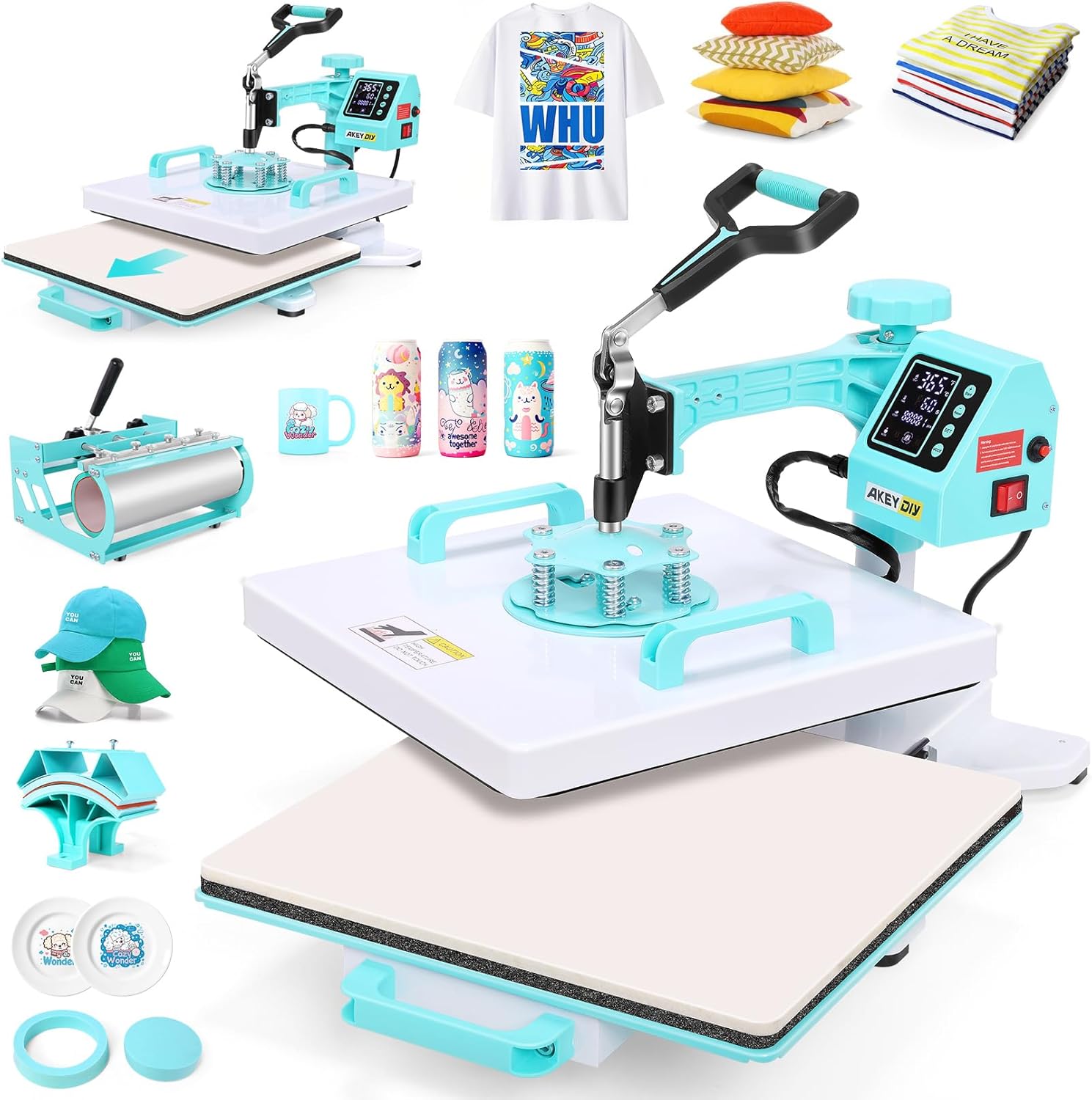 thumbnail video image 2 of Adnoom 5 in 1 Heat Press Combo, 360°Swivel Away Sublimation Printer 15x15,Slide Out Heat Transfer Machine for T-Shirt Tumbler Mug Hat Plate,Green, 2 of 10