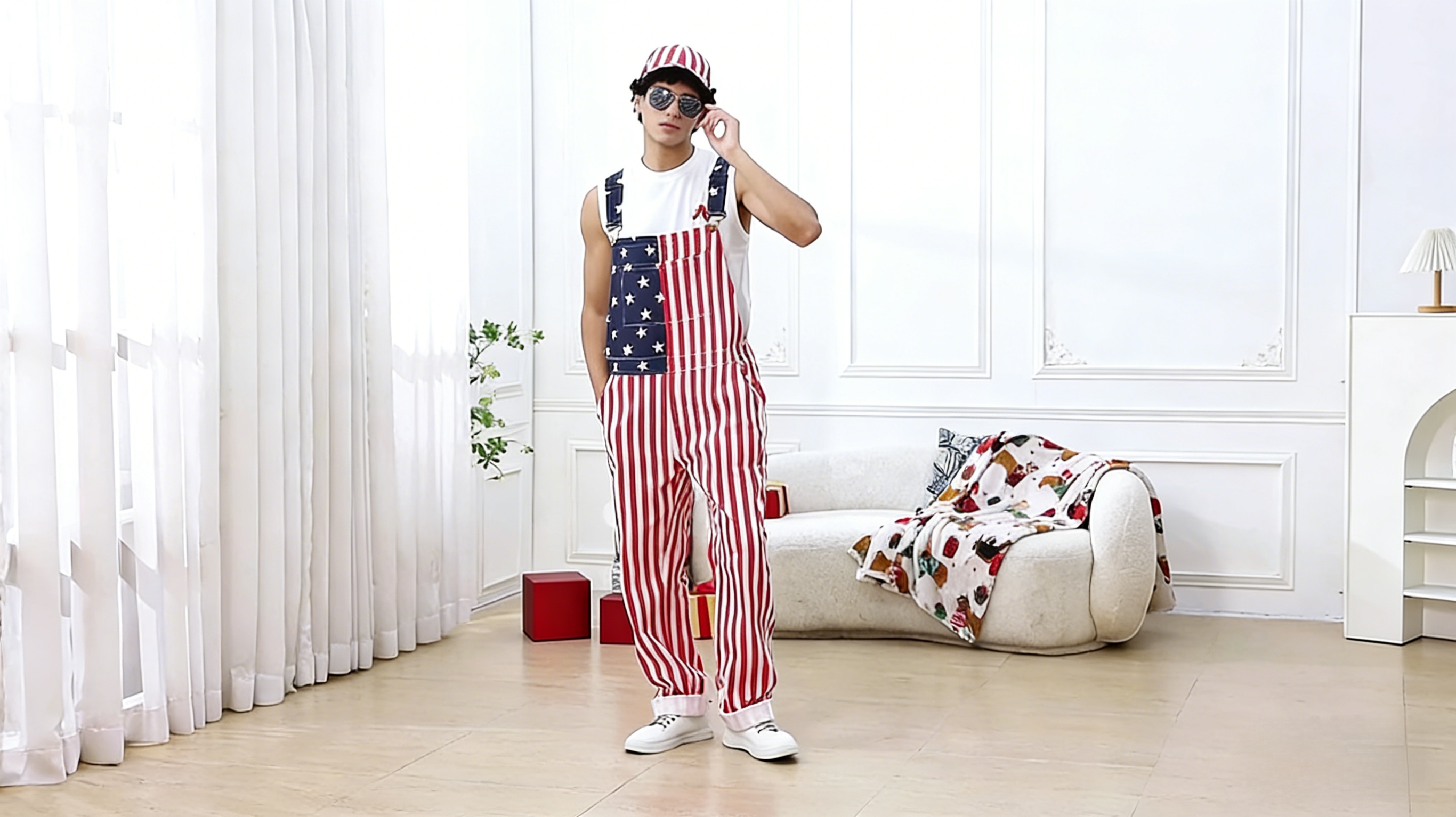 thumbnail video image 2 of 250th Anniversary Mens American Flag Overalls USA Denim Bibs Coveralls 4th of July Jumpsuit(Red White and Blue,L), 2 of 12