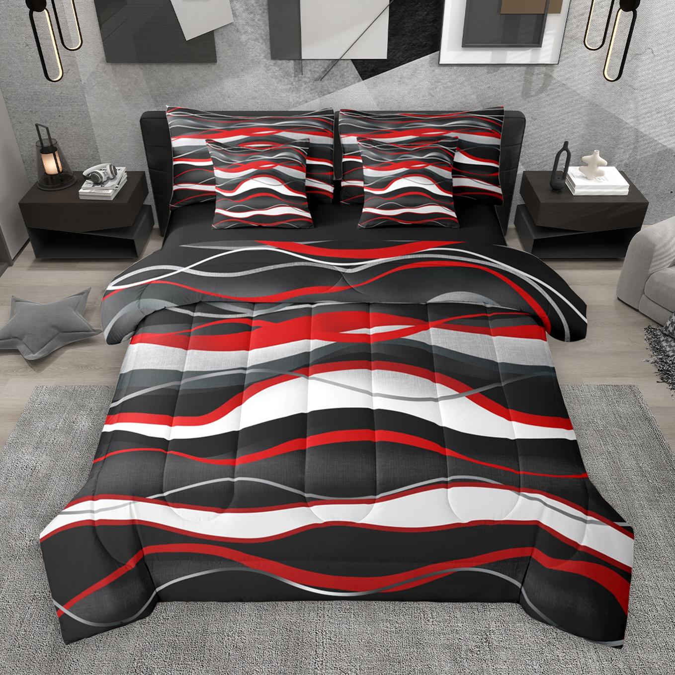 thumbnail video image 2 of Manfei Red Black White 7pcs Bedding Comforter Set,Waves Lines Queen Bedding Sets,Minimalism Geometric Striped Queen Sheet Sets For Girls Boys,Super Cozy Room Decor Reversible, 2 of 9