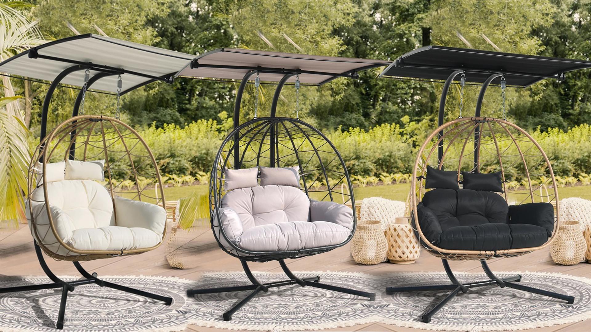 thumbnail video image 2 of FKSLIFE Outdoor Indoor Double Hanging Wicker Egg Chair Swing With Stand Canopy Cushion for Patio Garden Bedroom Living Room Max 620lbs, 2 of 8