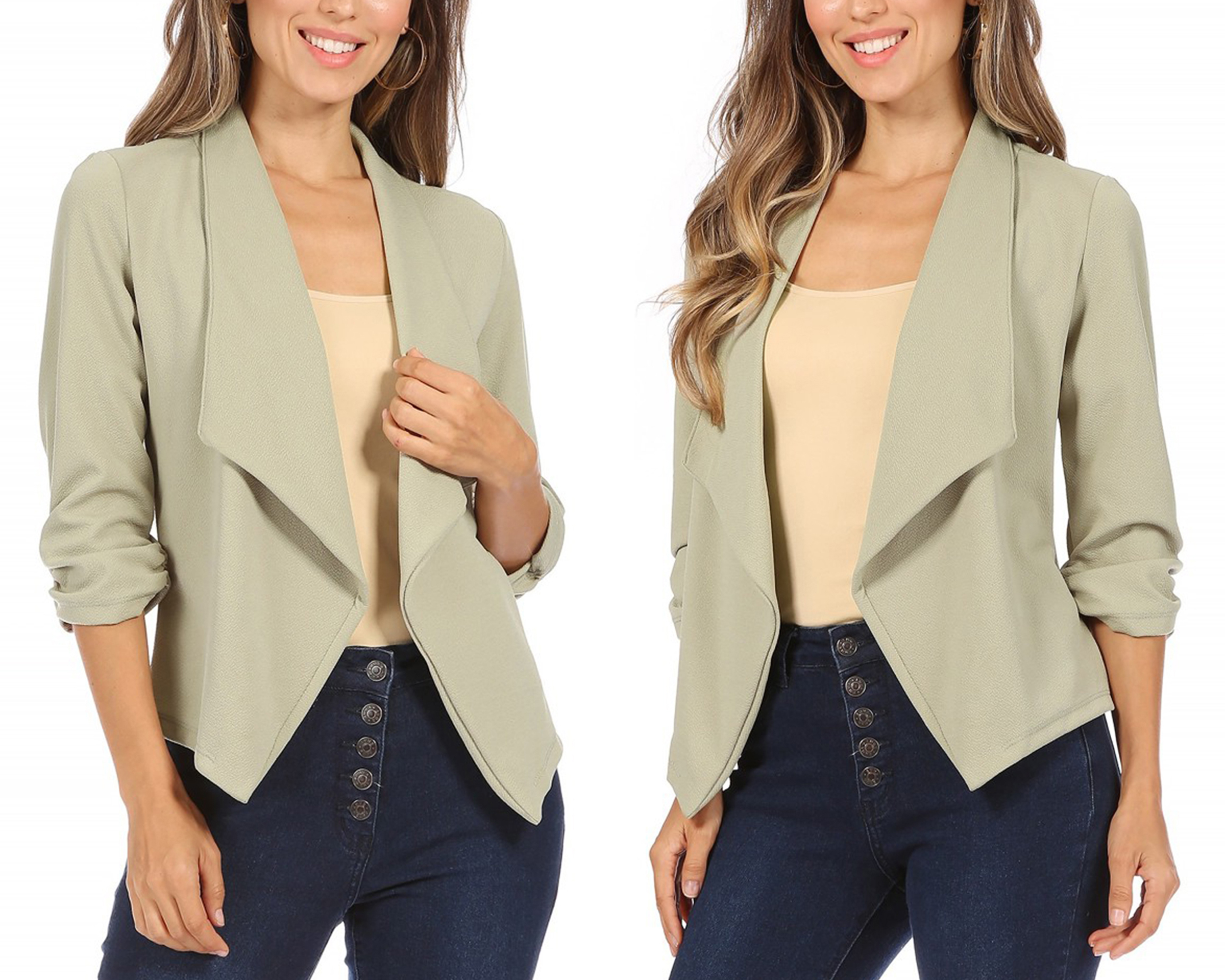 thumbnail video image 2 of Women's Fitted Waist Length Jacket Open Front Draped Neck Ruched Sleeves, 2 of 6