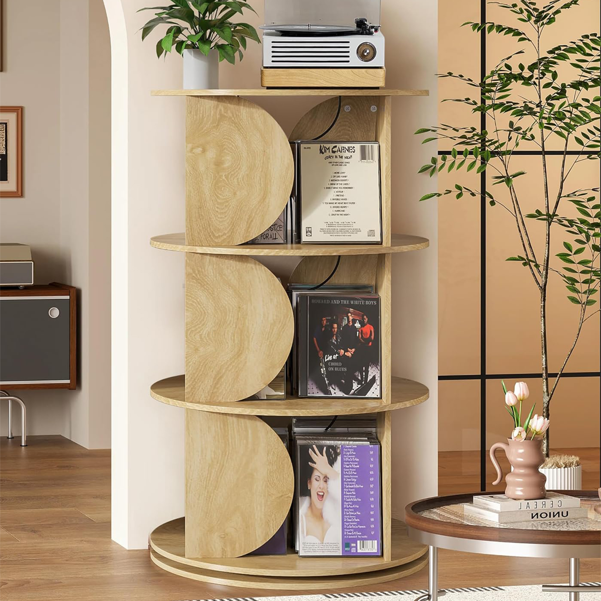 thumbnail video image 2 of Rotating Bookshelf, 360 Display Corner Bookshelf, 3 Tier Floor Standing Bookcase Storage Rack, Wood Bookshelf for  Living Room, Wood, 2 of 9