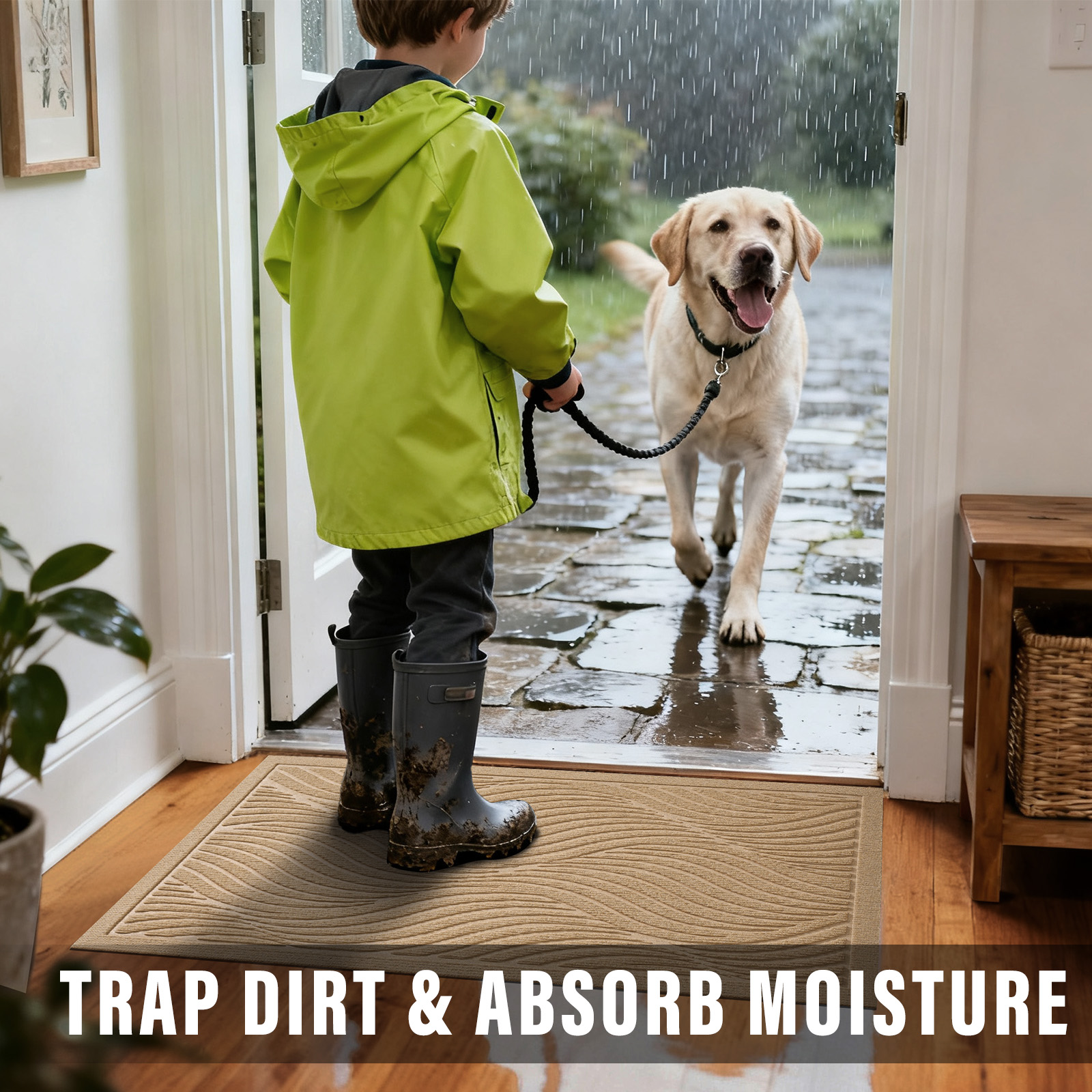 thumbnail video image 2 of Front Doormat Non Slip Outdoor Mat 17"x29", Dirt Trapper TPE Welcome Mats Outdoor Indoor Rug, Durable Easy Clean Low Profile Doormat for Garage ,Entryway, Patio, High Traffic Areas, Beige, 2 of 11