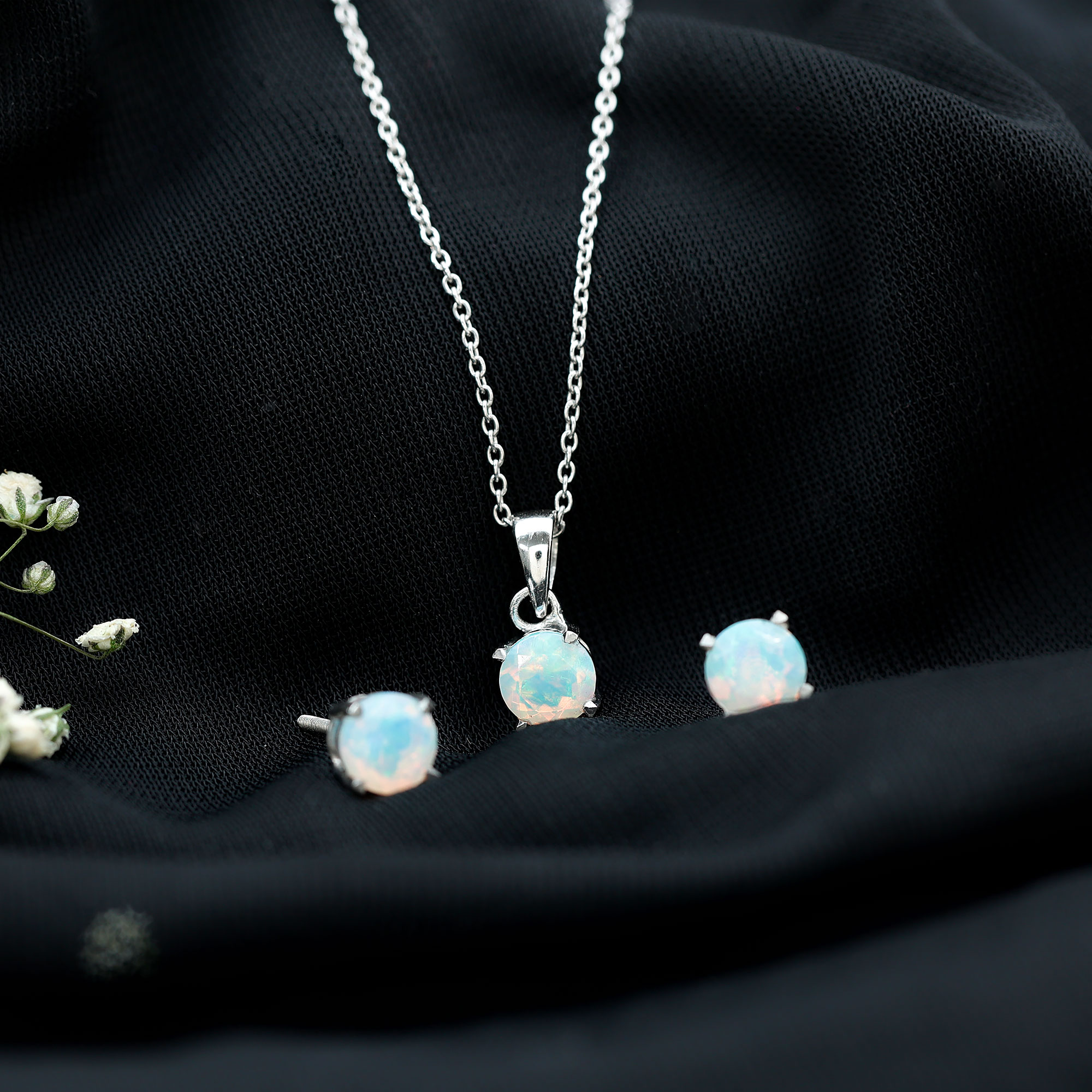 thumbnail video image 2 of Rosec Jewels Round Shape Ethiopian Opal Solitaire Jewelry Set for Women (5 mm, 1.50 CT), 925 Sterling Silver, 2 of 8