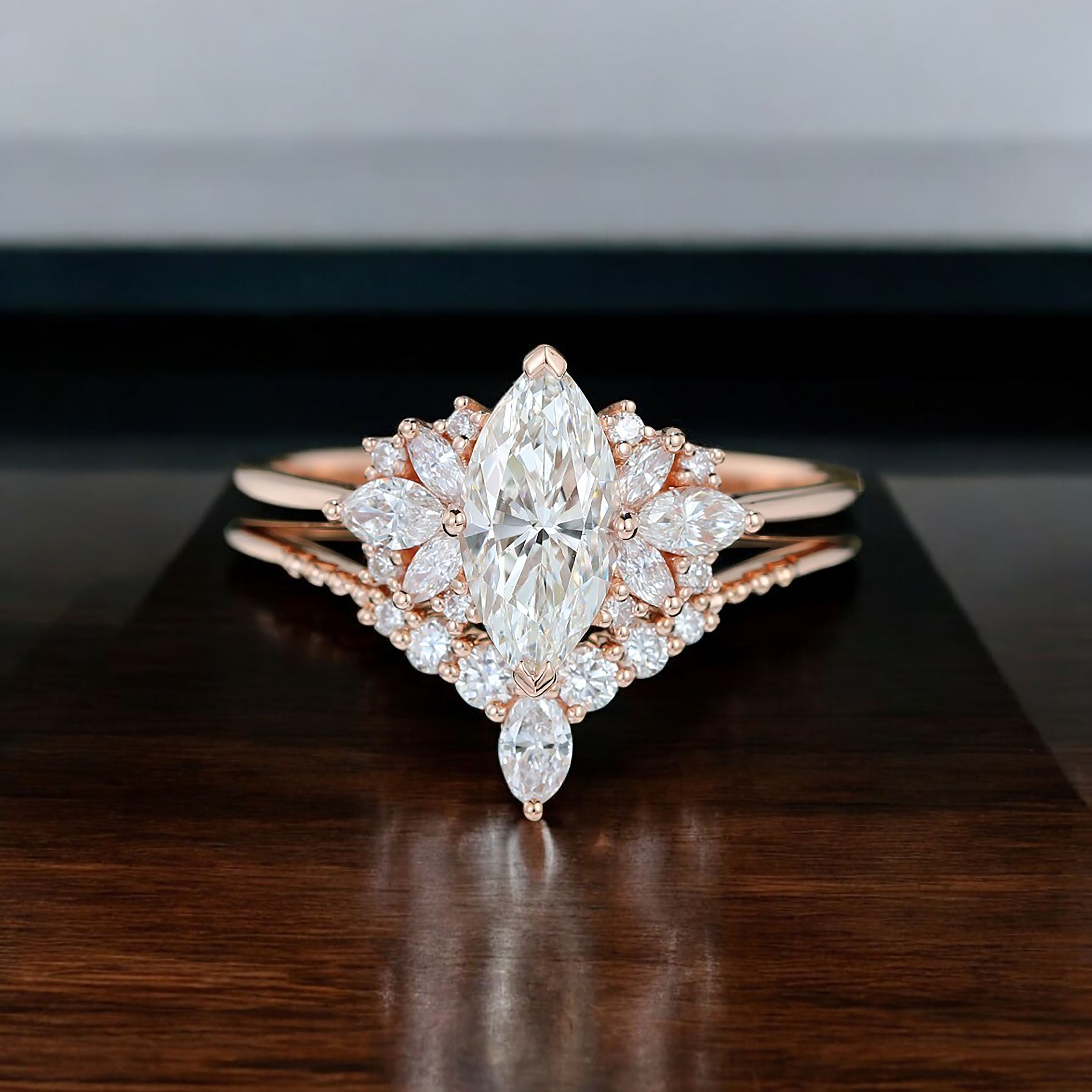 thumbnail video image 2 of solitaire jewels 1CT Art Deco Marquise Moissanit Engagement Ring Set For Women, 10K Yellow Gold, 2 of 6