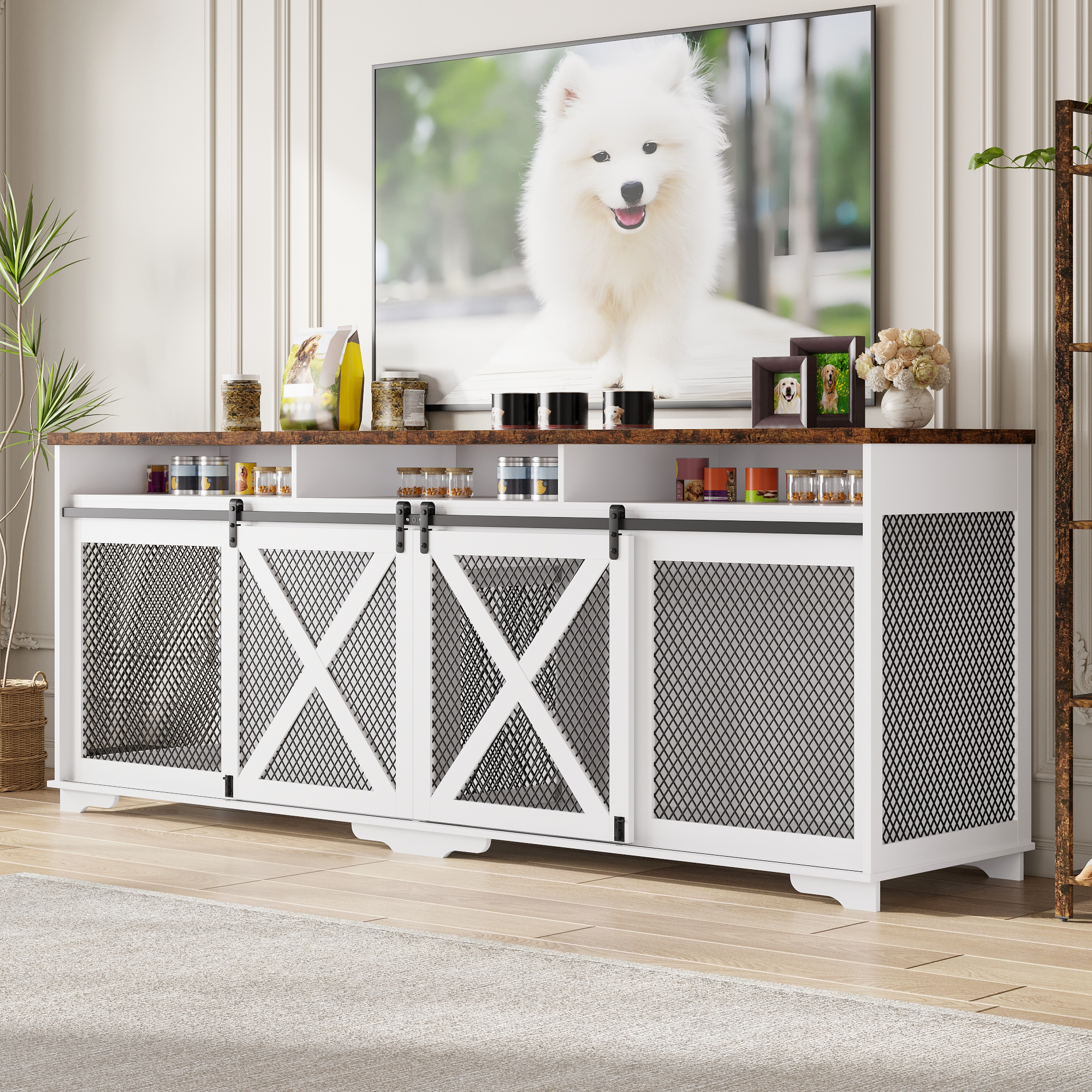 thumbnail video image 2 of ANPOO 94.5" Furniture Style Dog Crate TV Stand, Large Wooden Dog Kennel with Sliding Mesh Doors, Divider for 1 or 2 Dogs, Fits Up to 100 inch TV, Indoor Pet Crate Cabinet for Living Room, 2 of 9
