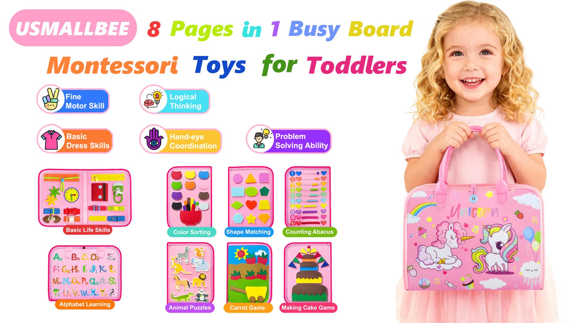 thumbnail video image 2 of Usmallbee Busy Board, Montessori Busy Board for Toddlers 1 2 3 4 5 Year Old, Learning Life Skills Toys, Preschool Learning and Travel Toys for Boys and Girls, 2 of 8
