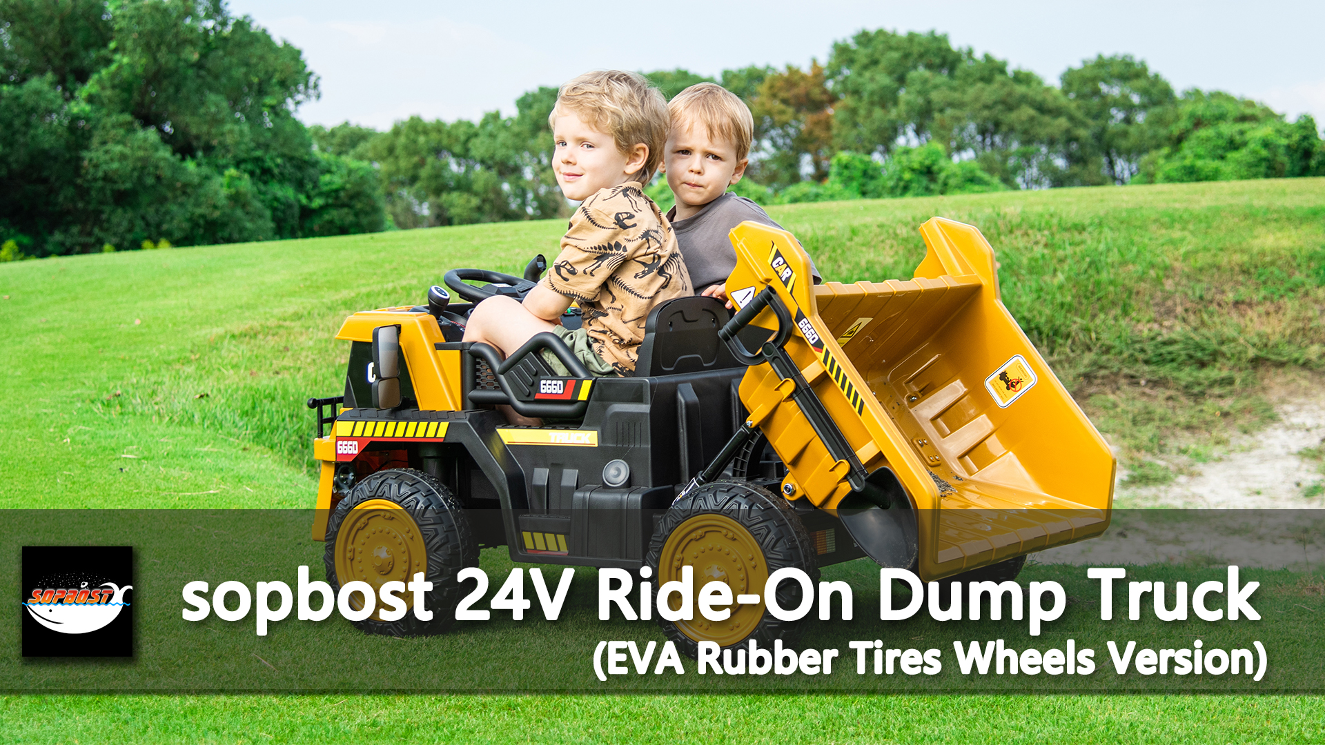 thumbnail video image 2 of sopbost 24V Ride On Dump Truck with Remote Control & EVA Rubber Tires, Classic Yellow, 2 of 7