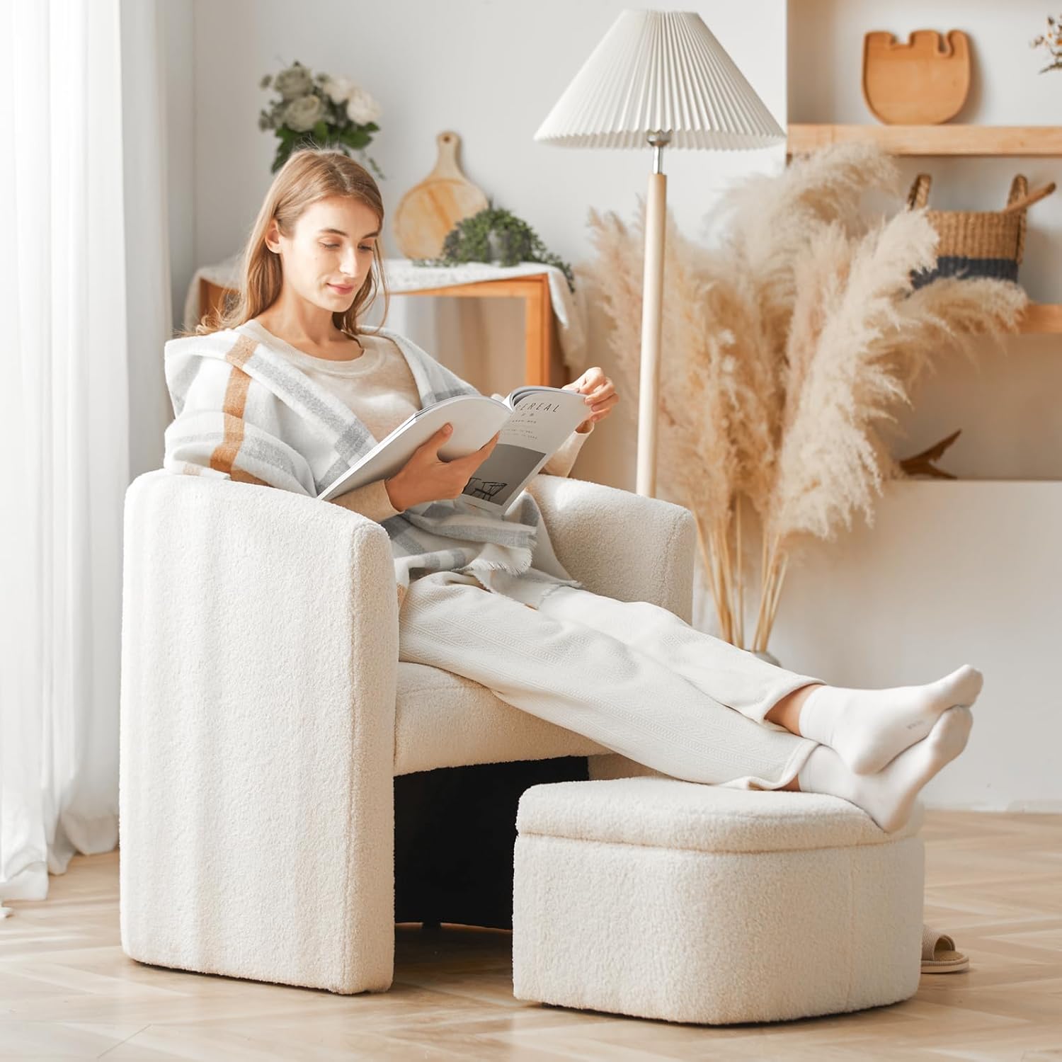 thumbnail video image 2 of HomePerch White Accent Armchair with Storage Ottoman, Upholstered Boucle Sofa Chair with Footrest, Modern Lounge Chair for Living Room, Bedroom, or Office, 2 of 16