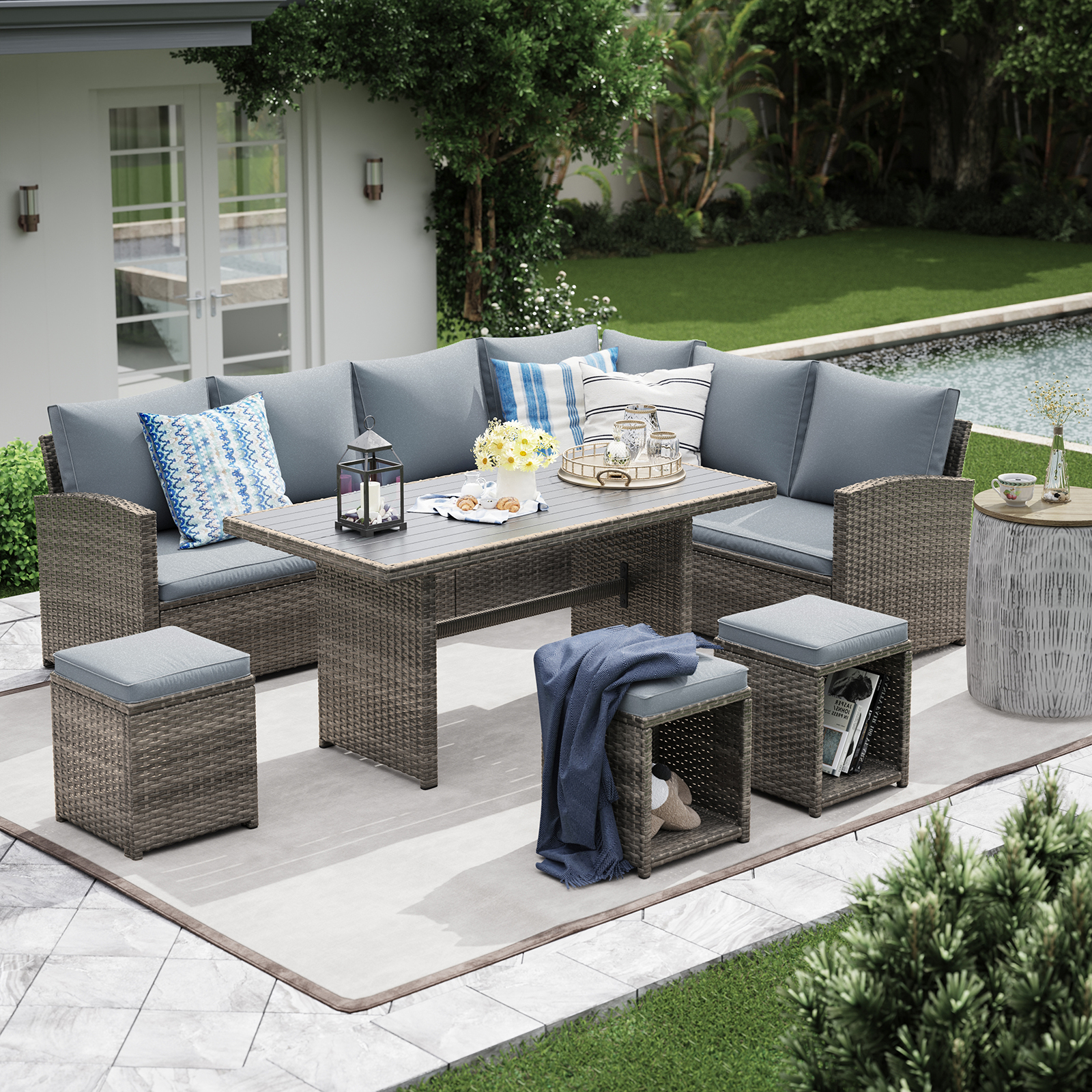 thumbnail video image 2 of JOIVI 7 Pieces PE Rattan Wicker Dining 9 Sofa Set, Outdoor Patio Furniture, Gray, 2 of 13