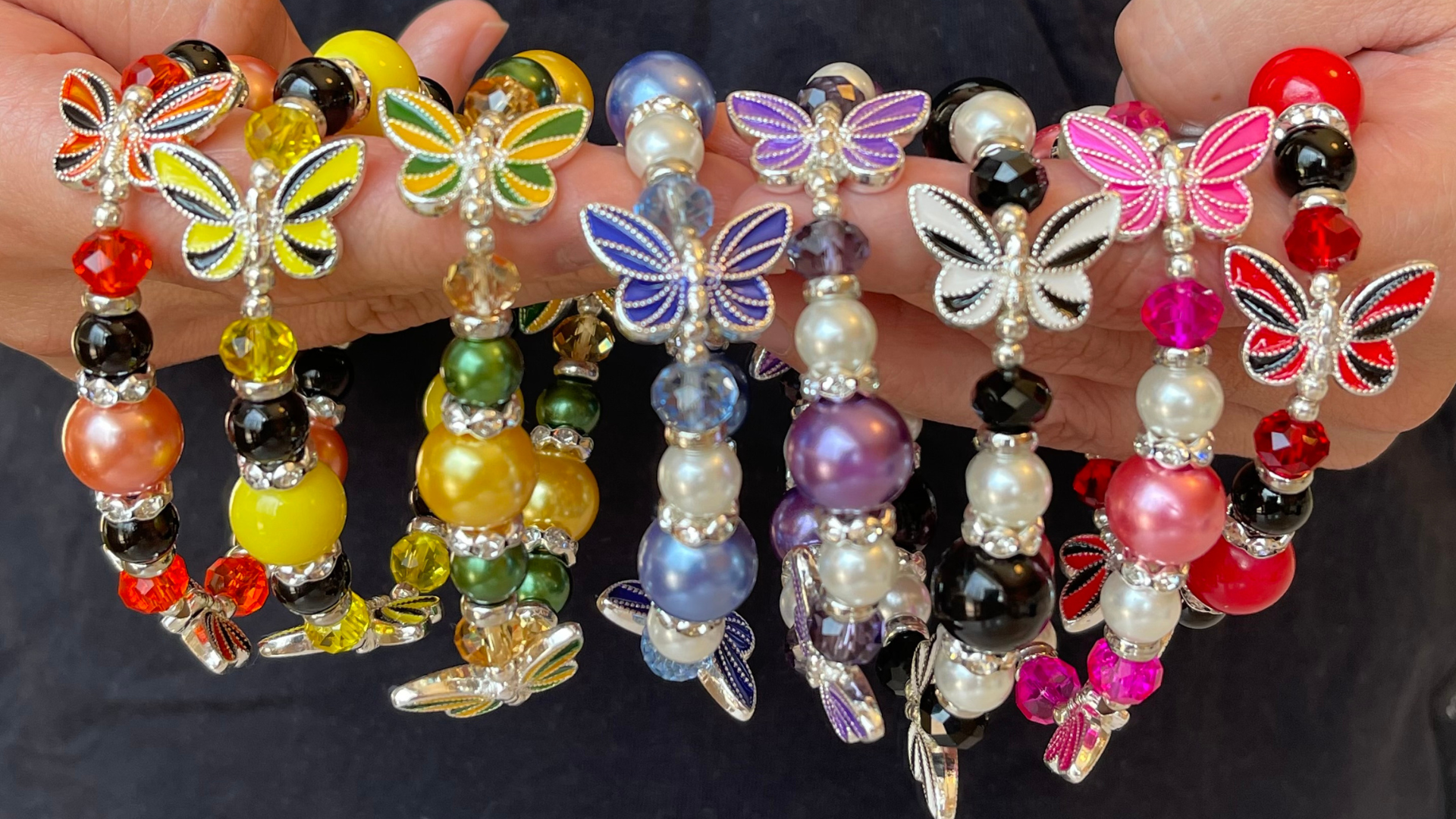 thumbnail video image 2 of Butterfly Bracelets for Women, Handmade Glass Beaded Stretch Bracelet, Birthday Christmas Jewelry Gift for Her, Blue, 1 pc, 2 of 10