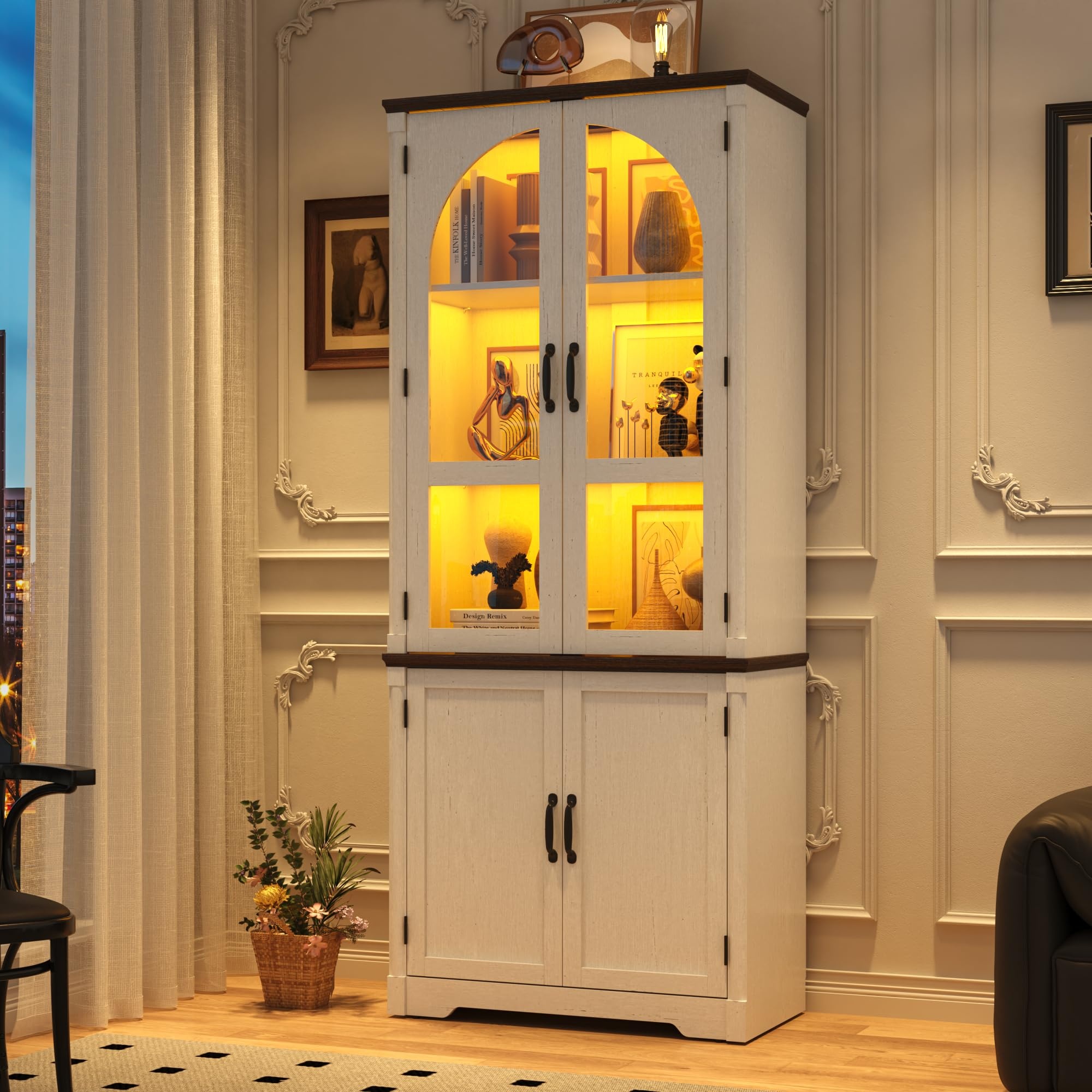 thumbnail video image 2 of Arched Display Cabinet with RGB LED Lights, 75" Tall Curio Cabinet with Glass Doors and Adjustable Shelves, Modern Bookshelf Storage Cabinet for Living Room, Home Office, Cream White, 2 of 12
