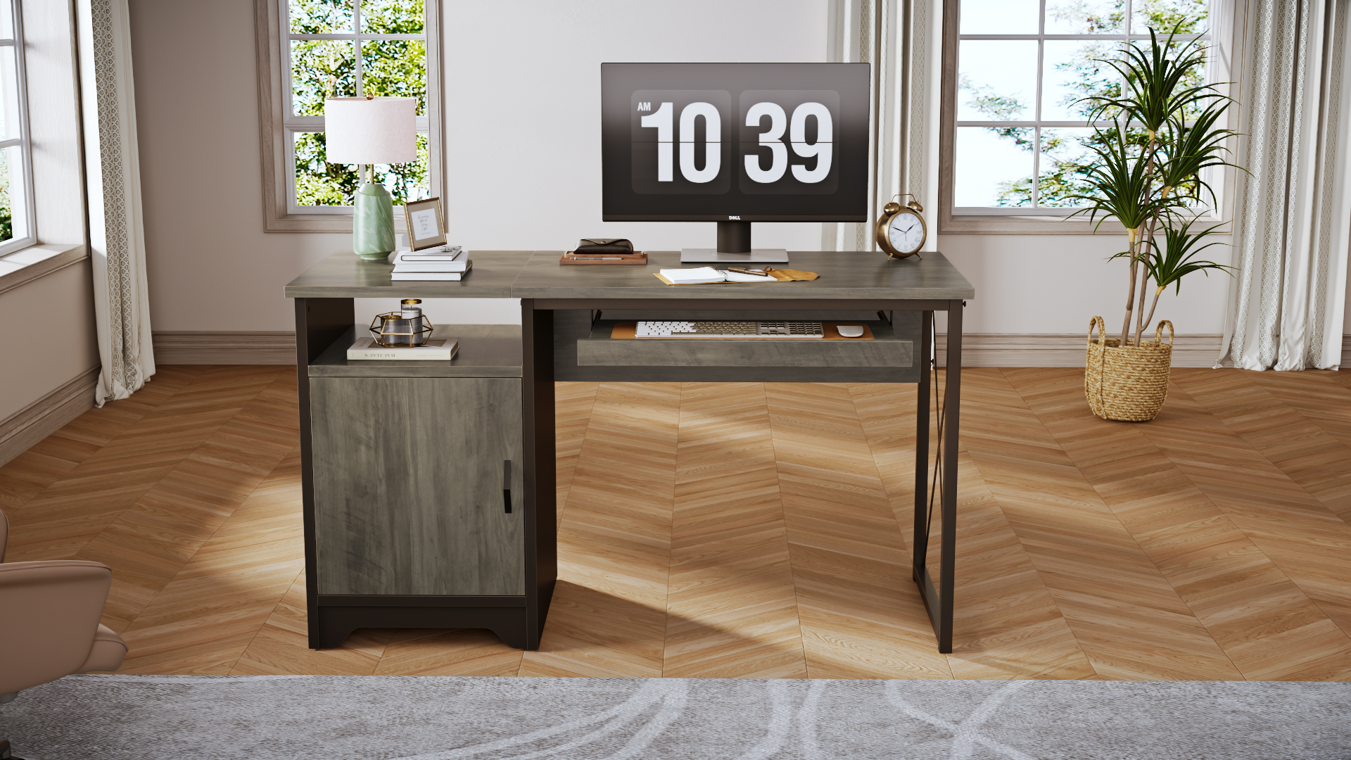 thumbnail video image 2 of Bestier Home Office Desk 47" Computer Desk Small PC Table with Keyboard Tray and Storage Cabinet,Wash Gray, 2 of 16