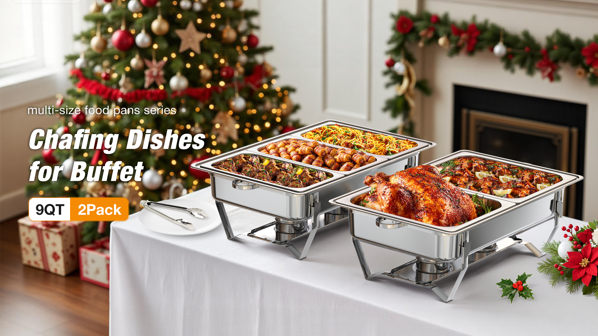 thumbnail video image 2 of WARMOUNTS Rectangular Chafing Dishes for Buffet with Upgraded Multi-Size Food Pans (9QT, 2Pack), Large Chafing Dish Set w/Foldable Frame for Parties, Rolled Rim, 2 of 10