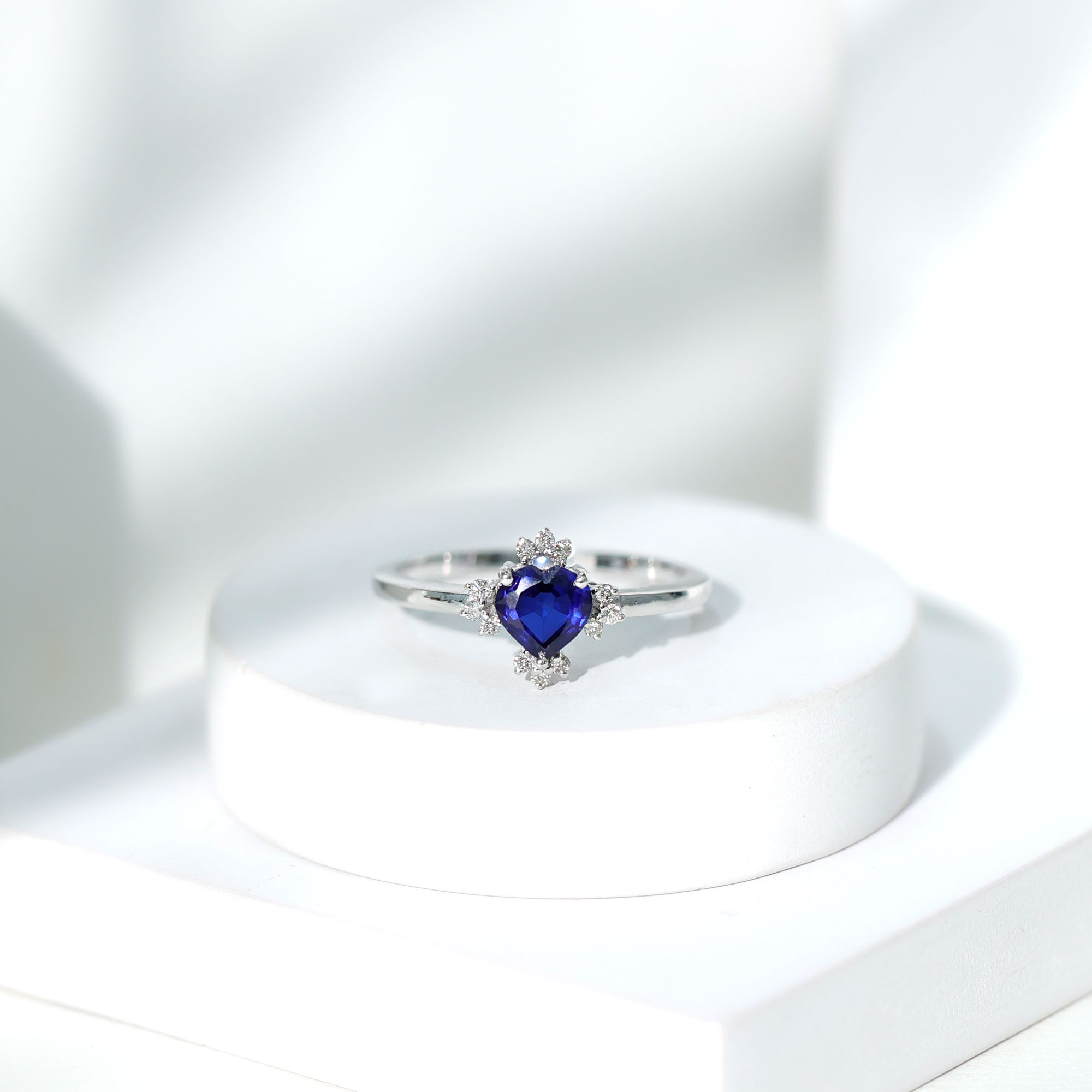 thumbnail video image 2 of Rosec Jewels Heart Shape Lab Grown Blue Sapphire Promise Ring with Diamond for Women - 6 mm, 14K White Gold, US 11.50, 2 of 9
