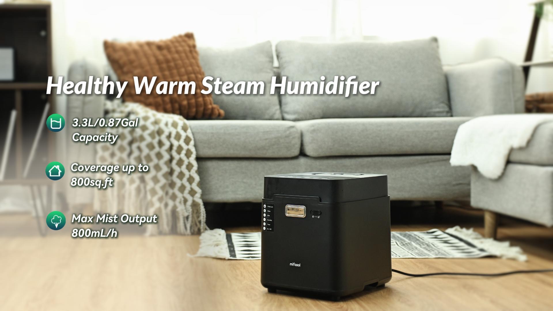 thumbnail video image 2 of Stainless Steel Humidifier for room, 3.3L Warm Mist Humidifiers for Bedroom, Easy Clean Steam Humidifiers for Home, Dishwasher Safe Humidifier Large Room, Black, 2 of 8
