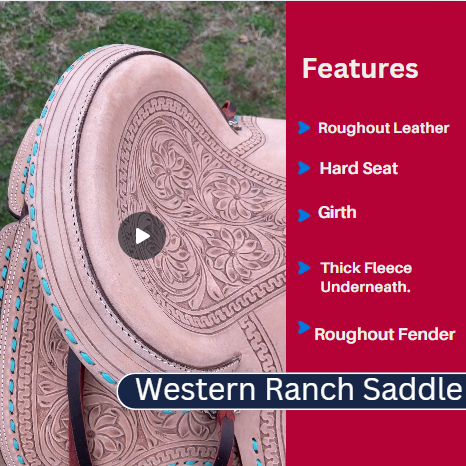 thumbnail video image 2 of Resistance Western Adult Ranch Saddle – Leather with Buckstitch Design & Free Matching Girth – 14" 15" 16" 17" 18", 2 of 6