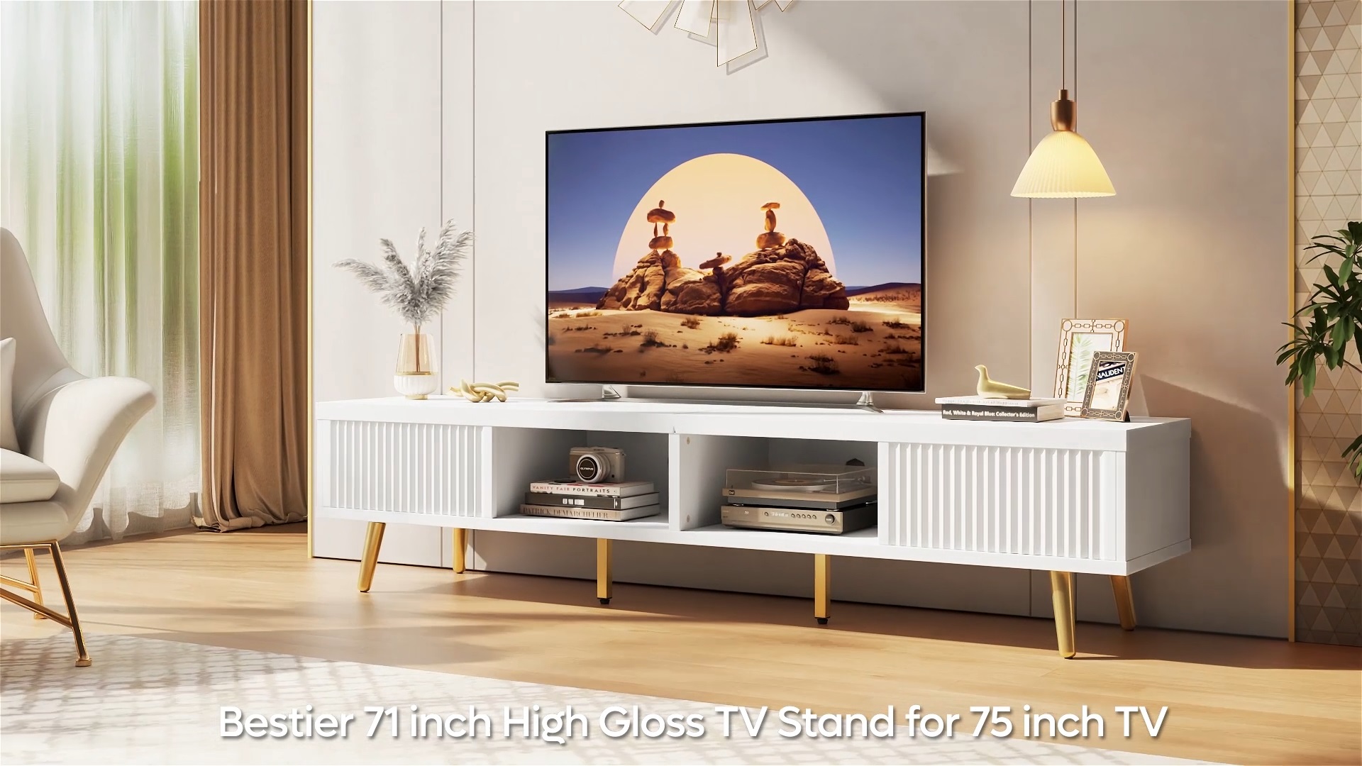 thumbnail video image 2 of Bestier High Gloss TV Stand for 75 inch TVs, Modern Entertainment Center with Storage Cabinet, TV Console Table for Living Room,Black, 2 of 10